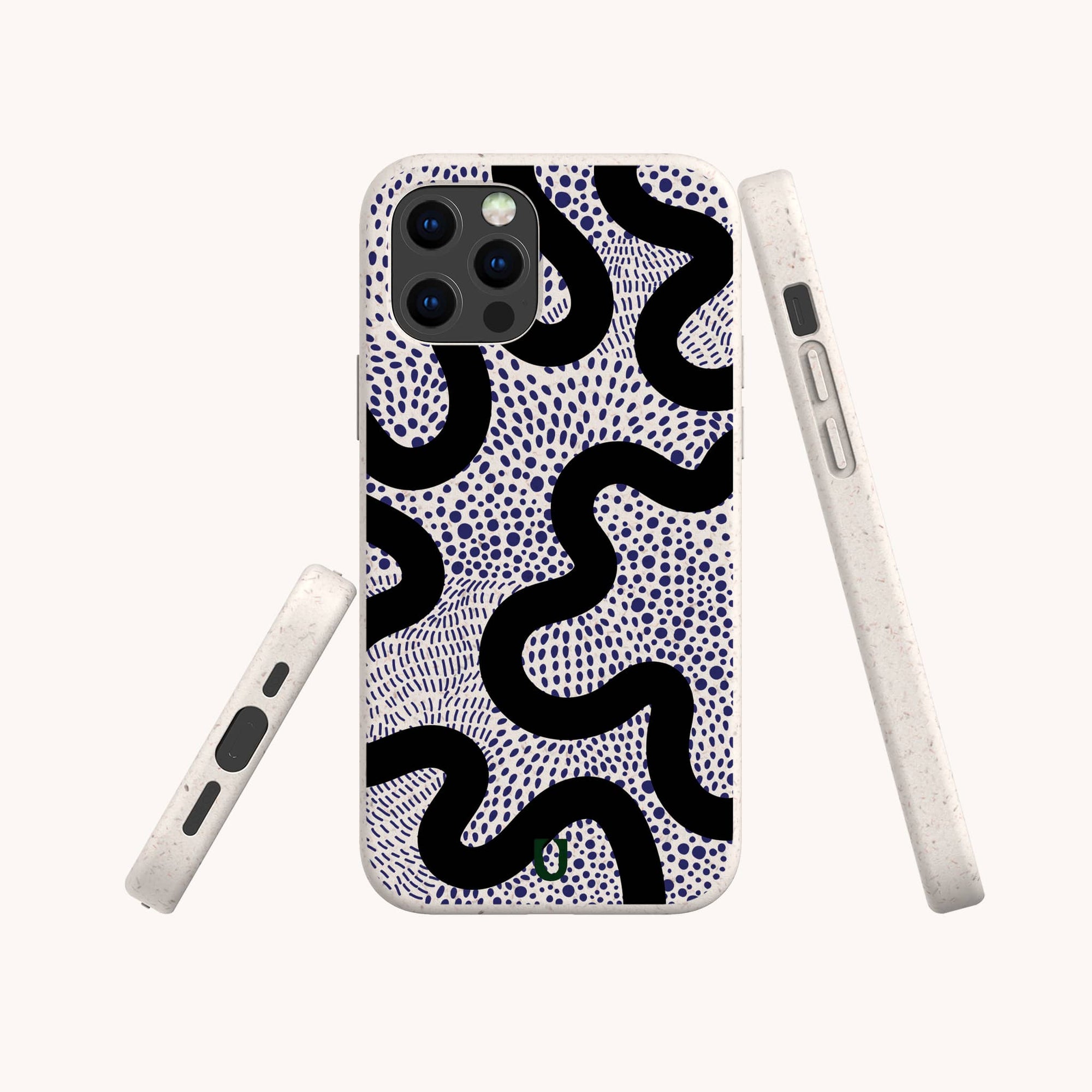 Close-up of Speckled Swirl eco-friendly phone case on iPhone 15 showing speckled texture and plant-based material.