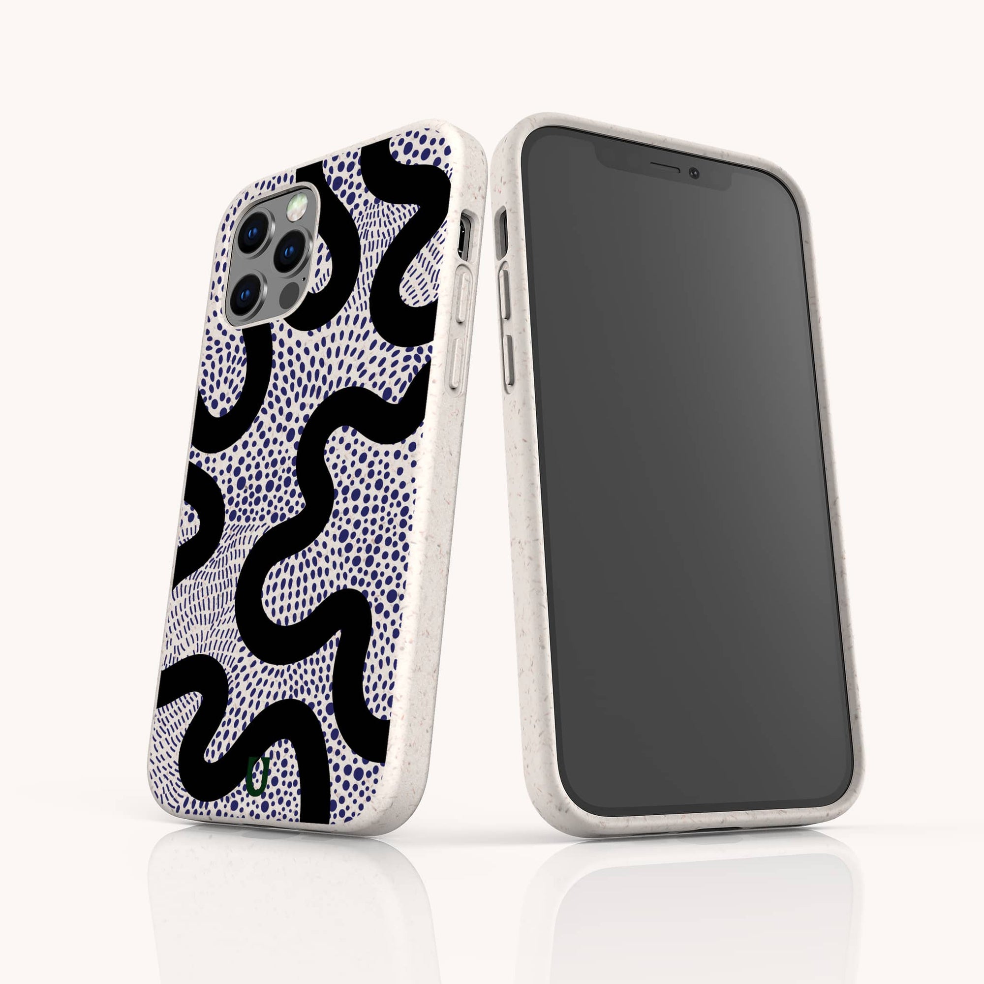 Speckled Swirl compostable phone case fitted on iPhone 14 highlighting speckled pattern and sustainable construction.