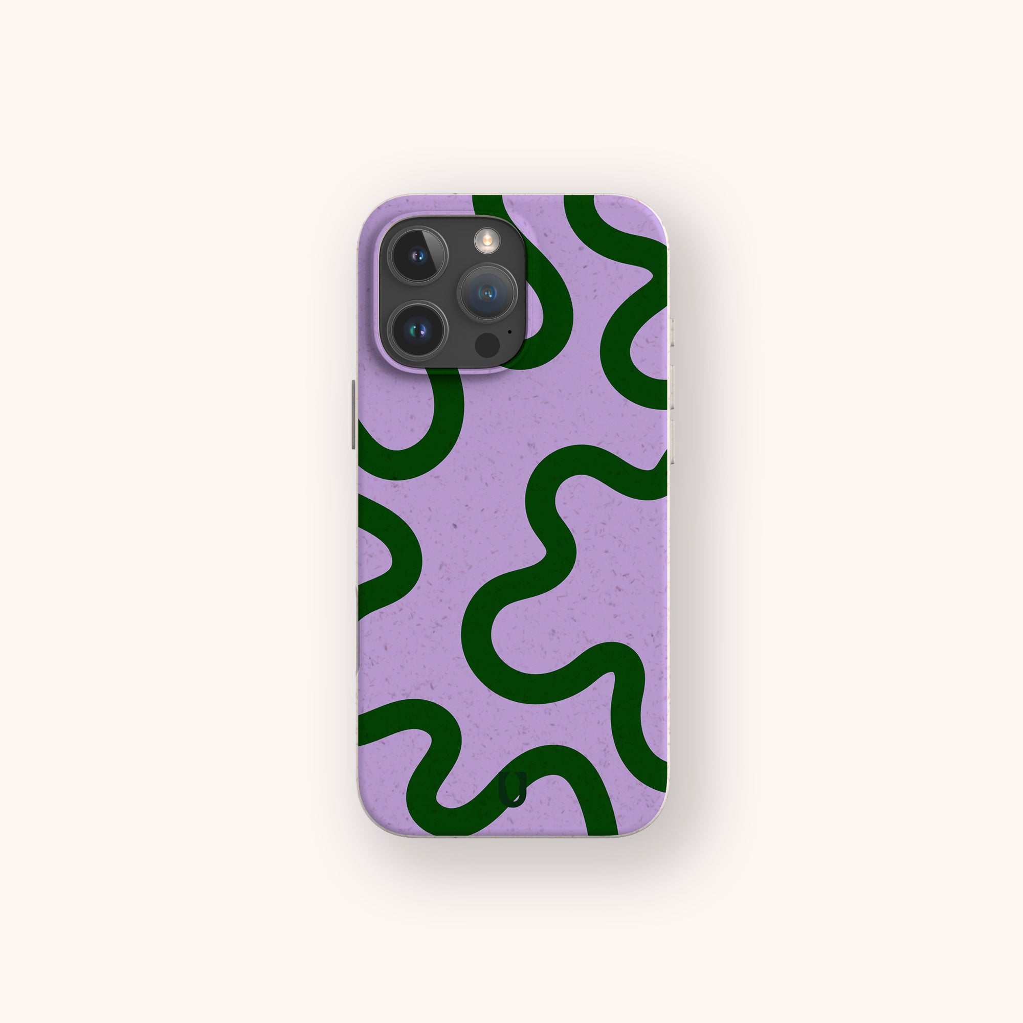 Purple and Green Swirl biodegradable phone case on iPhone 17 featuring colourful swirling pattern and matte eco-friendly finish.