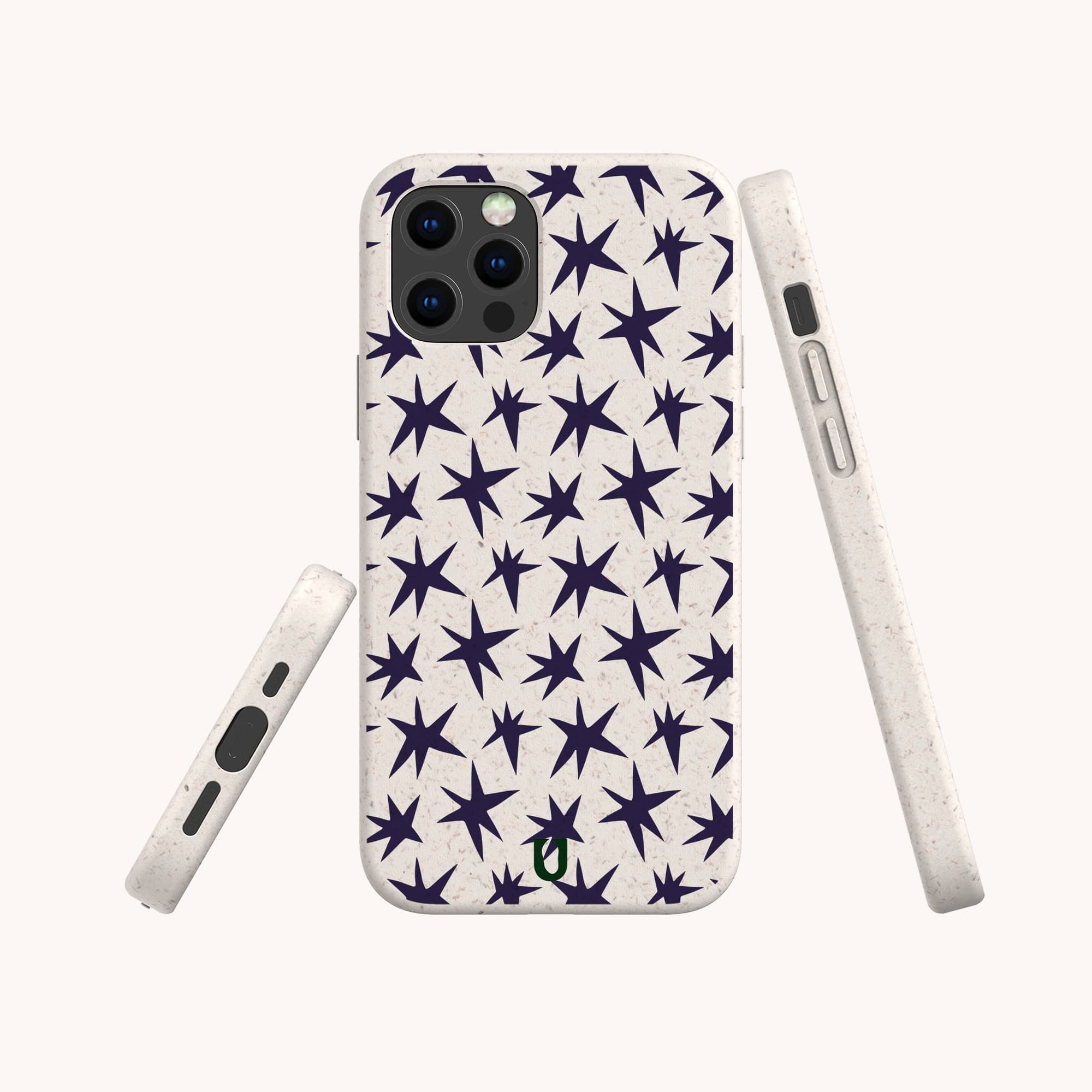 Close-up of Wonky Stars eco-friendly phone case on iPhone 15 showing hand-drawn star design and plant-based texture.