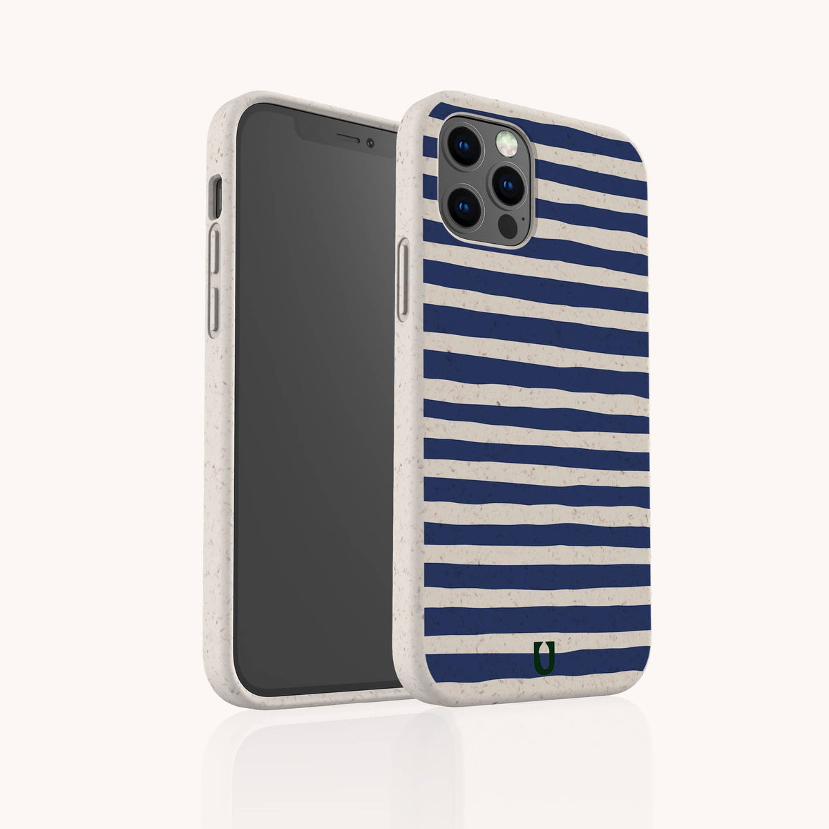 The Navy Stripes Eco-Friendly Biodegradable Phone Case is a beige smartphone case with dark blue horizontal stripes, featuring a camera cutout and a small green logo at the bottom. The product is displayed against a plain white background.
