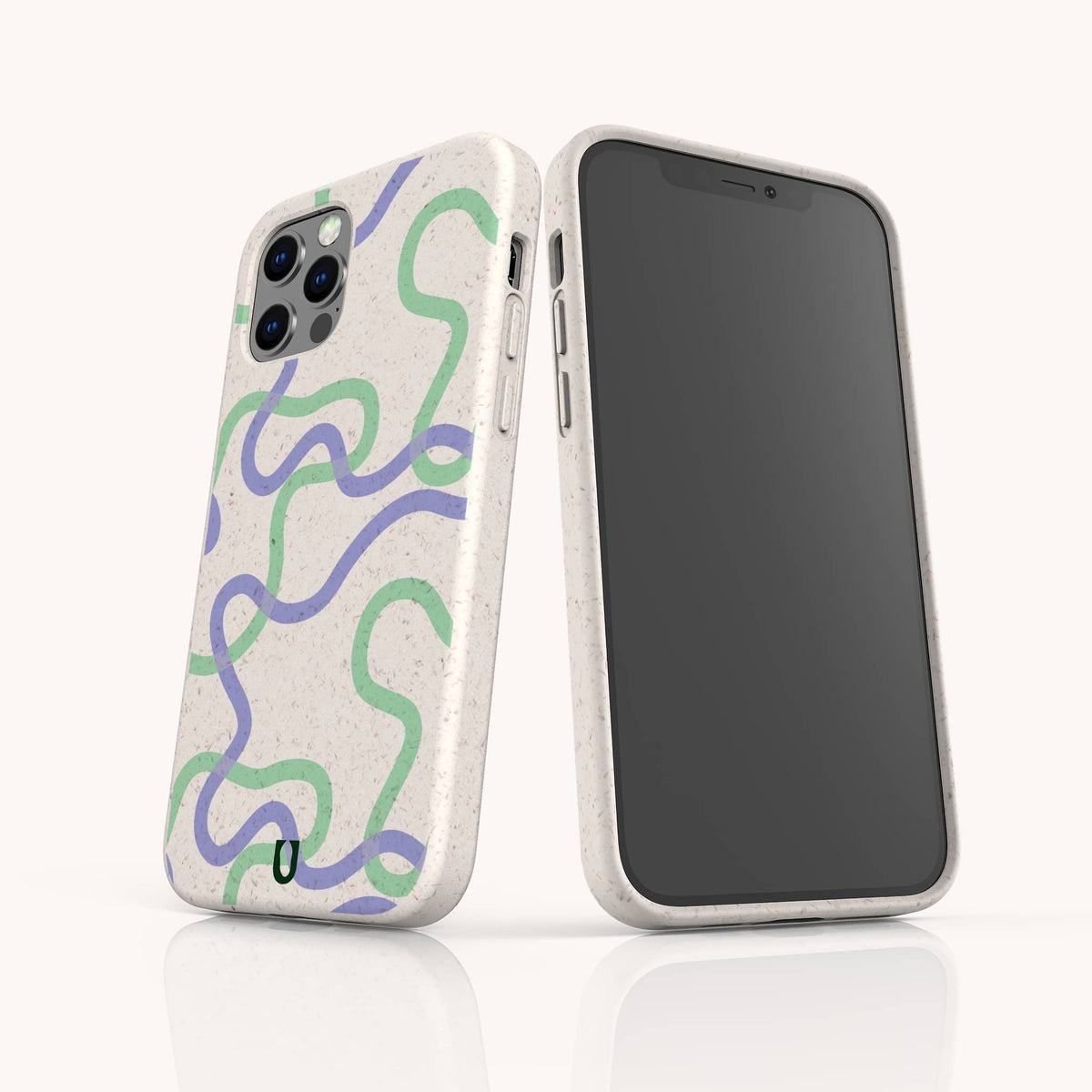 Two Purple and Green Swirls Eco-Friendly Biodegradable Phone Cases, each featuring a speckled off-white base adorned with abstract wavy designs in green, blue, and purple. One case highlights the vibrant back artwork with striking purple and green swirls, while the other shows the front of a phone within the eco-friendly case.