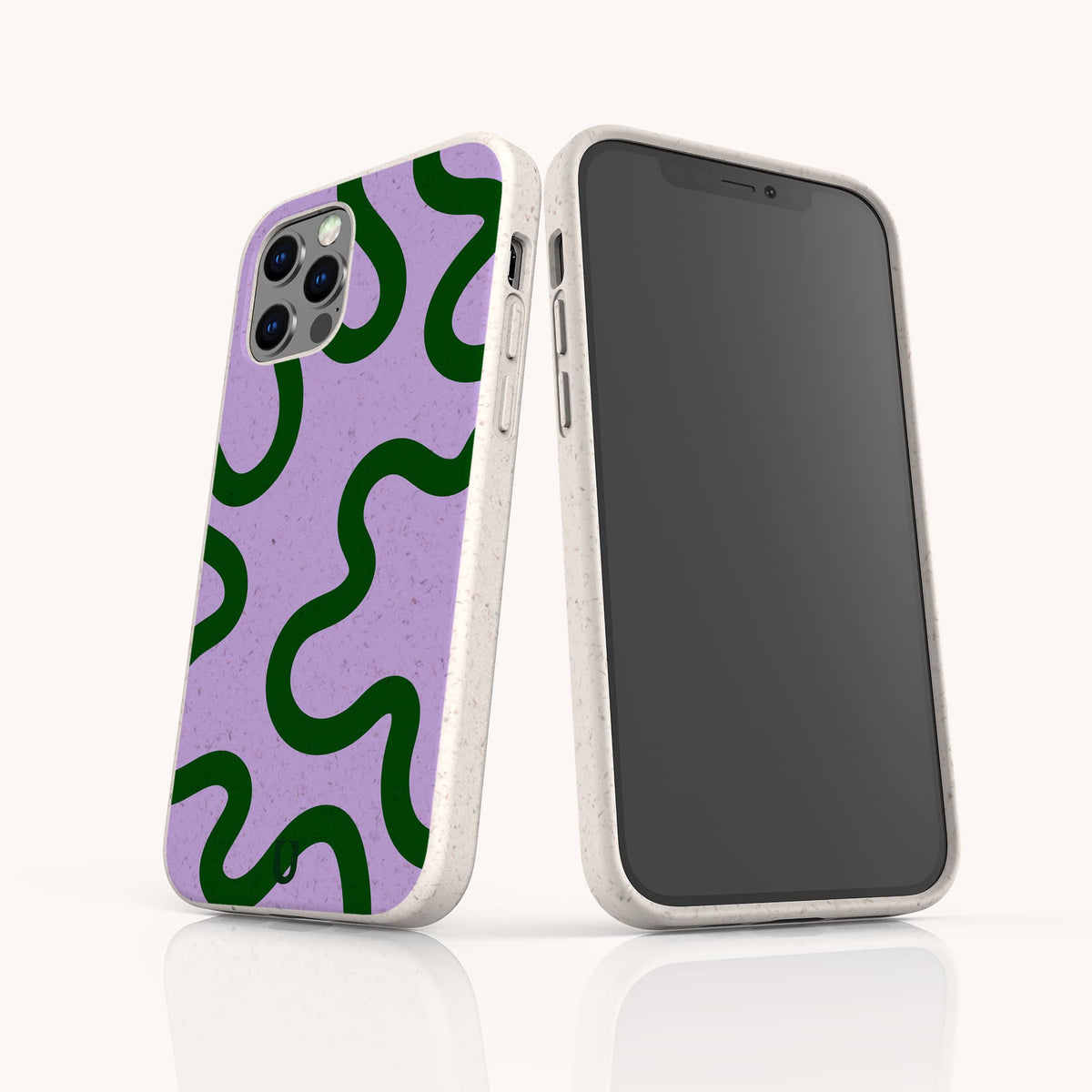 Two smartphones in white cases; one displays the front screen, while the other showcases the Purple and Green Swirl Eco-Friendly Biodegradable Phone Case, which features a purple background with bold, wavy green lines.