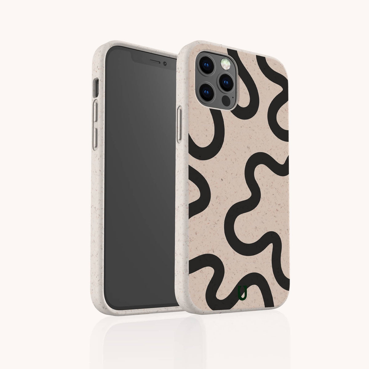 The Black Swirl Lines Eco-Friendly Phone Case features a bold black swirl pattern on a beige background. The phone is shown positioned at an angle that showcases both the screen and the artistic back design, all set against a simple light backdrop.