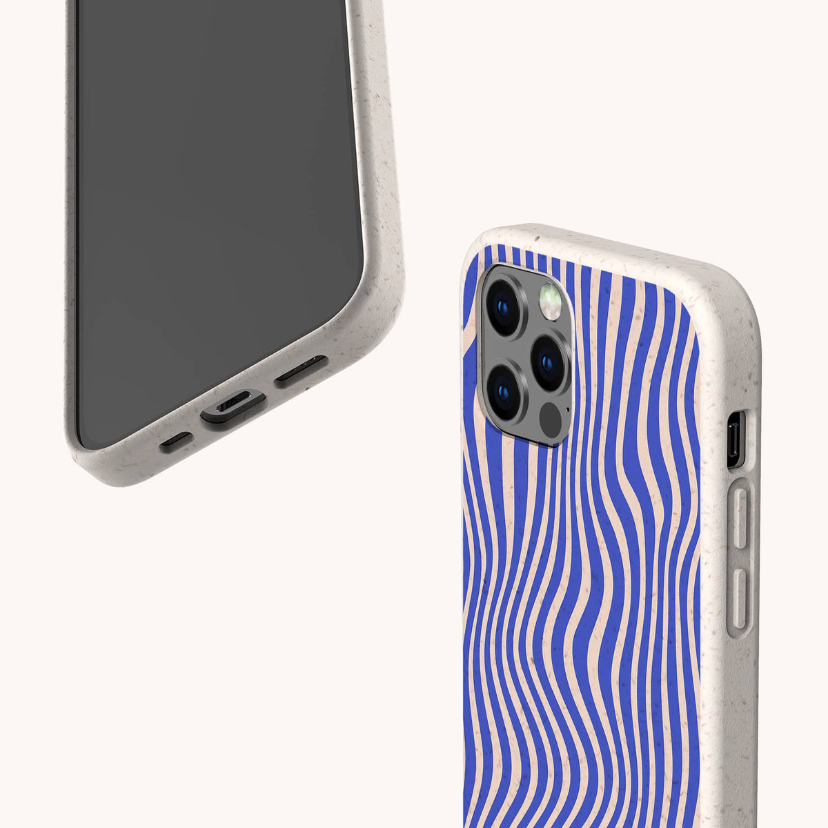 Two smartphones with beige speckled cases—one displaying the screen, the other showing the back, which features a blue and cream wavy line pattern. The Cobalt Distort Lines Eco-Friendly Phone Case is a sustainable option with precise camera and port cutouts, compatible with both iPhone and Samsung Galaxy models.