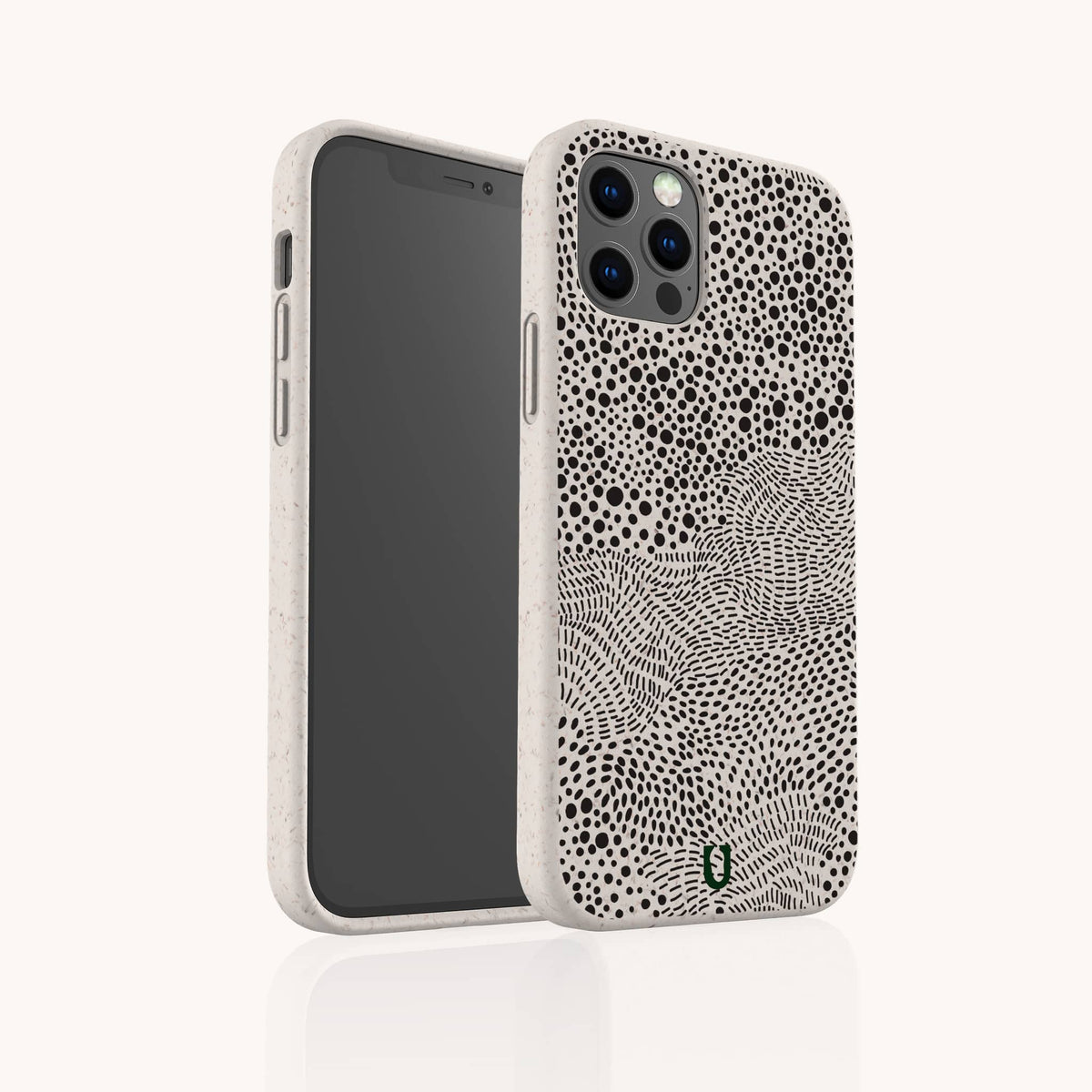 Introducing the Mini Strokes Eco-Friendly Biodegradable Phone Case, a sustainable phone accessory with a textured design of black dots and wavy lines on an off-white background, displayed from both front and back views.