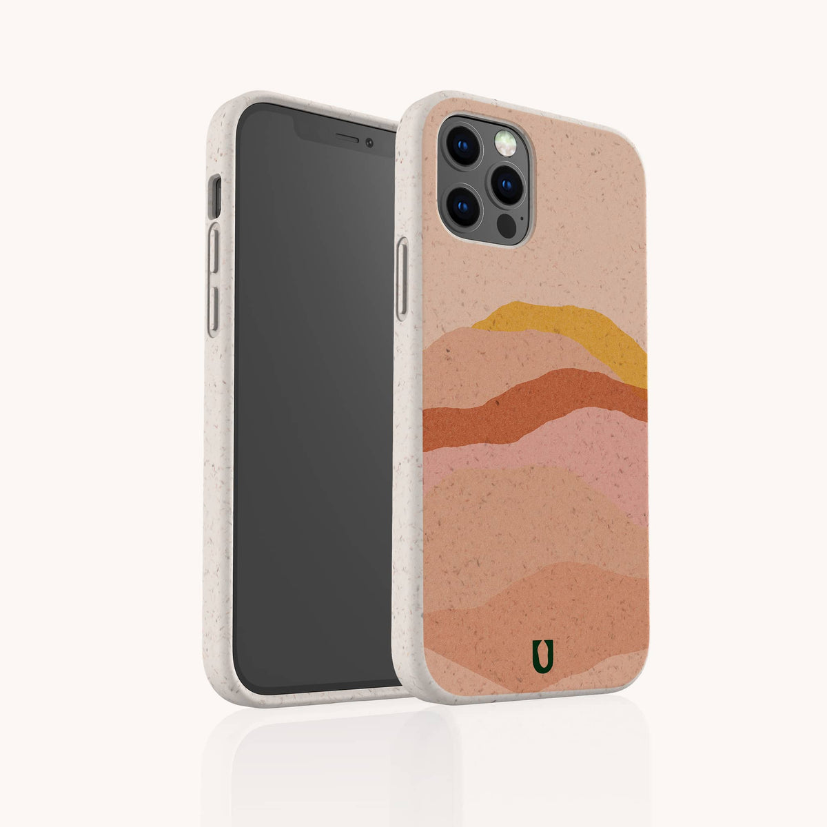 Hills Eco-Friendly Phone Case: A beige, sustainable phone case featuring an abstract design of colorful layered hills in shades of peach, pink, and orange. The back displays a small green and black U logo near the bottom.