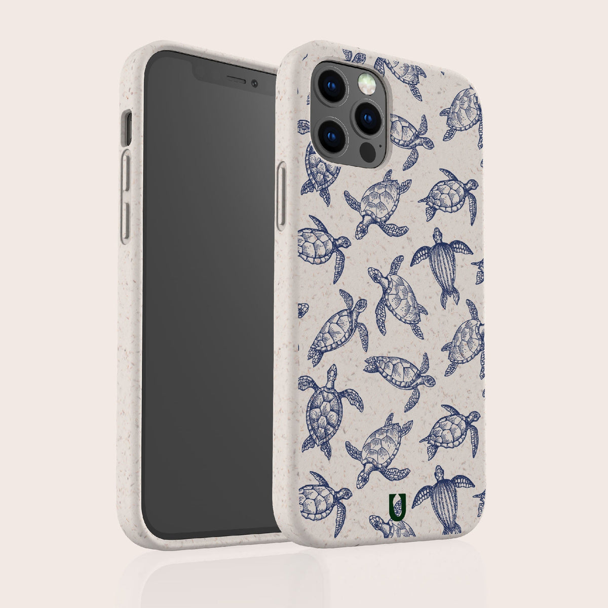 The Turtles Eco-Friendly Phone Case, shown here in white with a blue sea turtle pattern, is featured on a smartphone displayed upright to showcase both the front screen and the sustainable materials used for the back design.