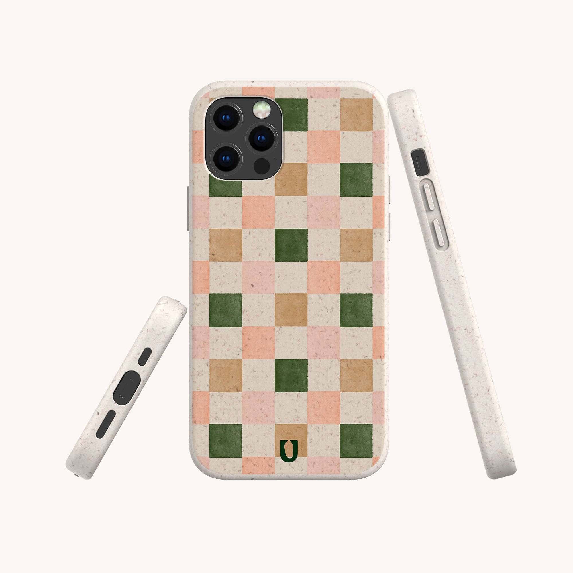 The Pink and Green Checker Eco-Friendly Phone Case, shown from back and both sides on a neutral background, features vegan materials with light pink, green, cream, and beige squares. Compatible with iPhone and Samsung Galaxy.