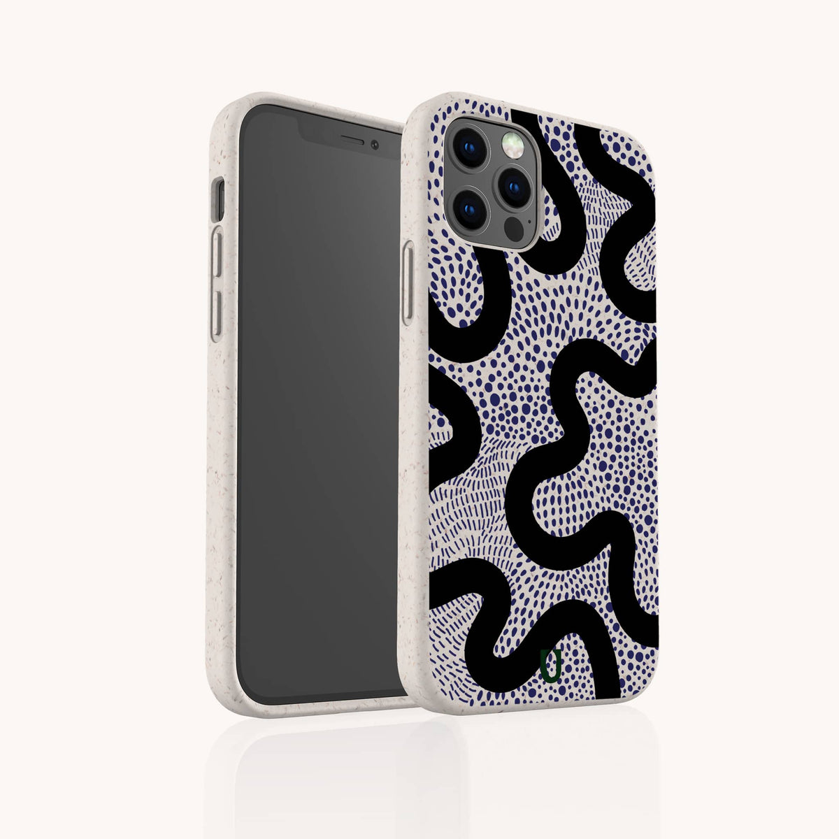 A Speckled Swirl Eco-Friendly Biodegradable Phone Case with a white speckled, plant-based design featuring a black squiggly pattern and dark blue dotted accents, displayed from the front and back against a light background.