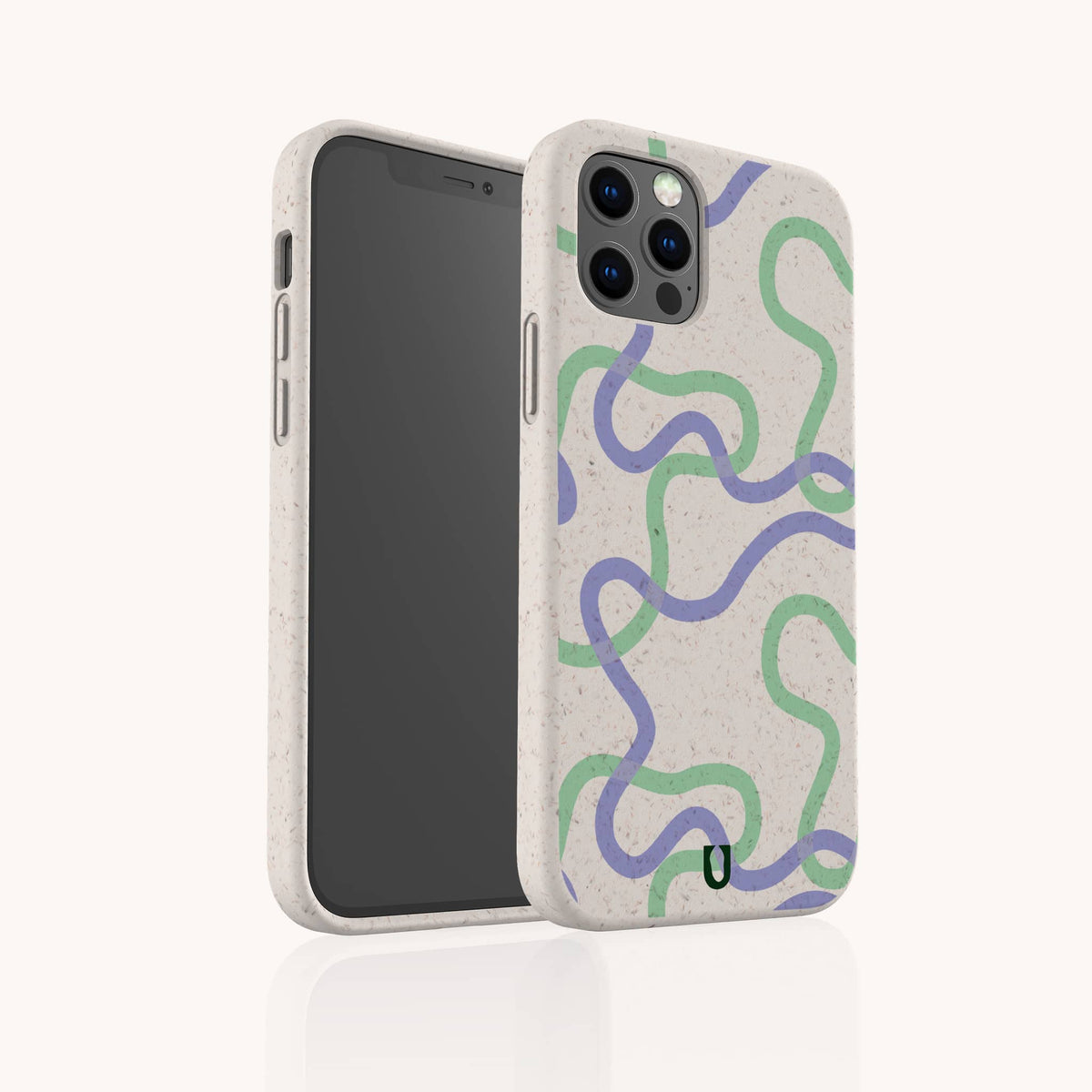 Introducing the Purple and Green Swirls Eco-Friendly Biodegradable Phone Case: a beige phone case adorned with wavy green and purple lines, designed with a smooth, subtly speckled texture. This snug-fitting case is made from biodegradable materials and features precise camera and button cutouts.