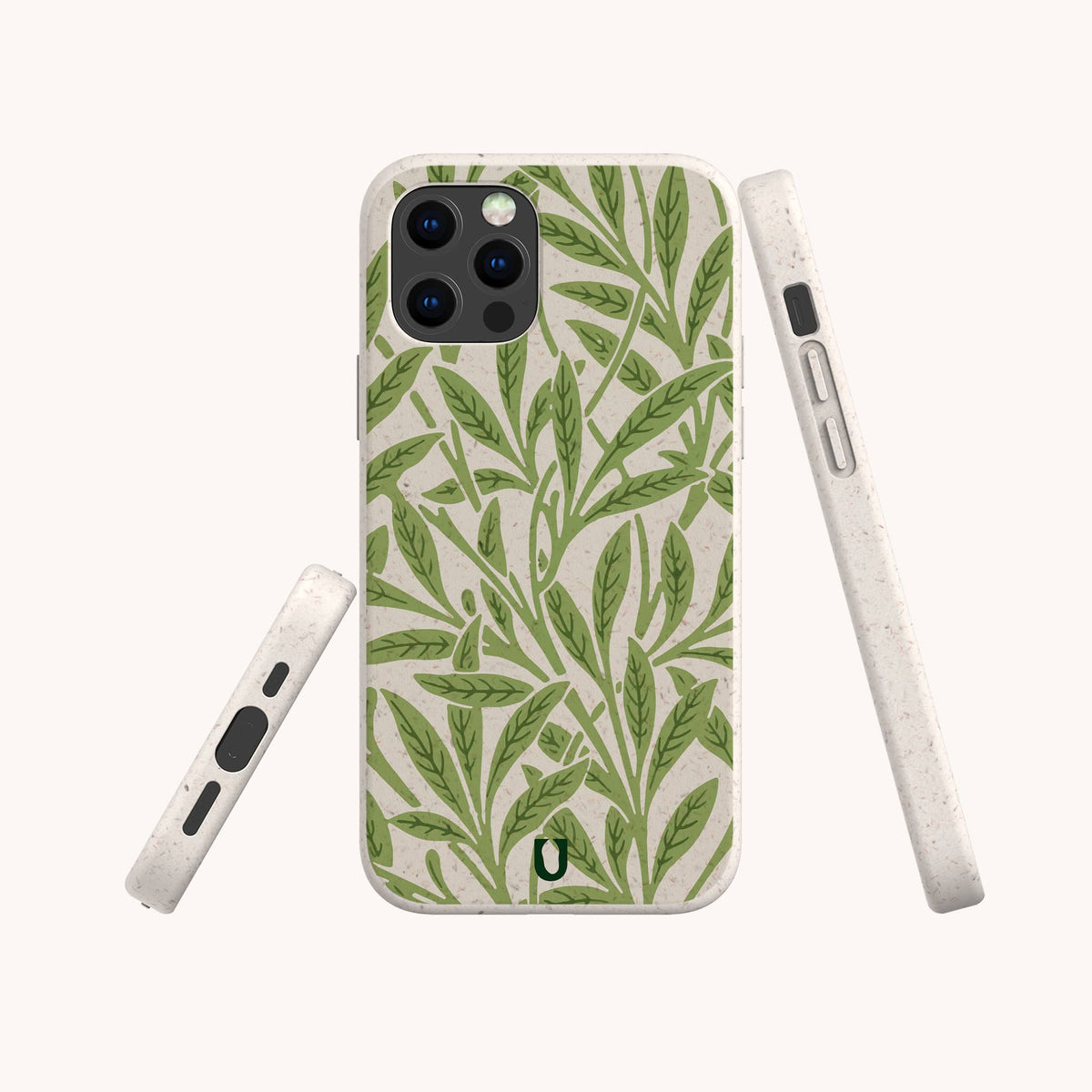 The Willow Eco-Friendly Phone Case is displayed from the back and both sides against a plain off-white background. Showcasing a green leafy pattern, this plant-based phone case features a natural, speckled texture, making it an ideal choice for environmentally conscious users.