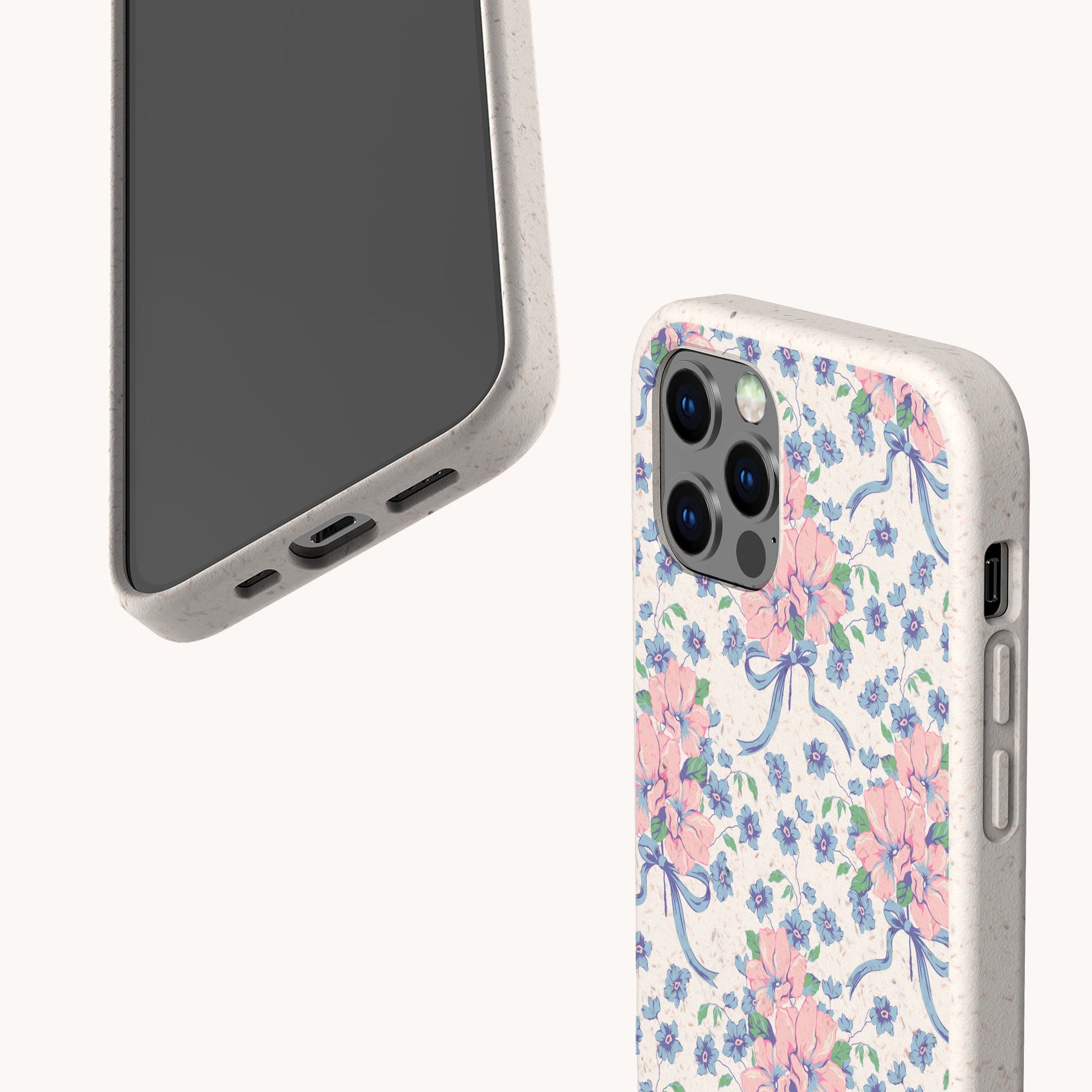 Two smartphones with beige cases—one front view, one back—displaying the Pink and Blue Coquette Flowers Eco-Friendly Biodegradable Phone Case, featuring a floral design on white for a charming, sustainable choice.