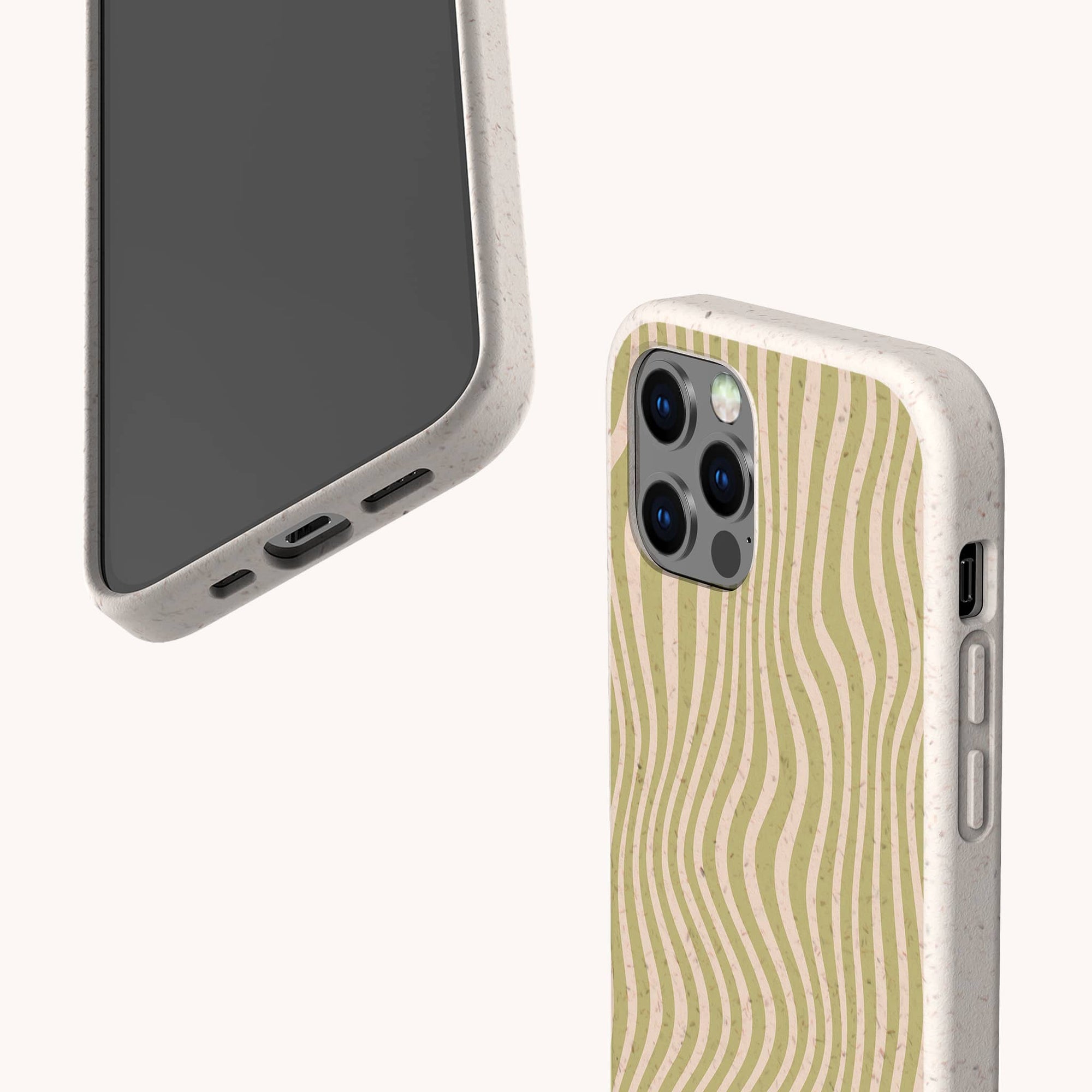 Two views of the Sage Distorted Lines Eco-Friendly Phone Case: the beige speckled back features wavy light green and cream stripes, while the front shows the black screen and ports. Made from biodegradable materials for sustainable style.
