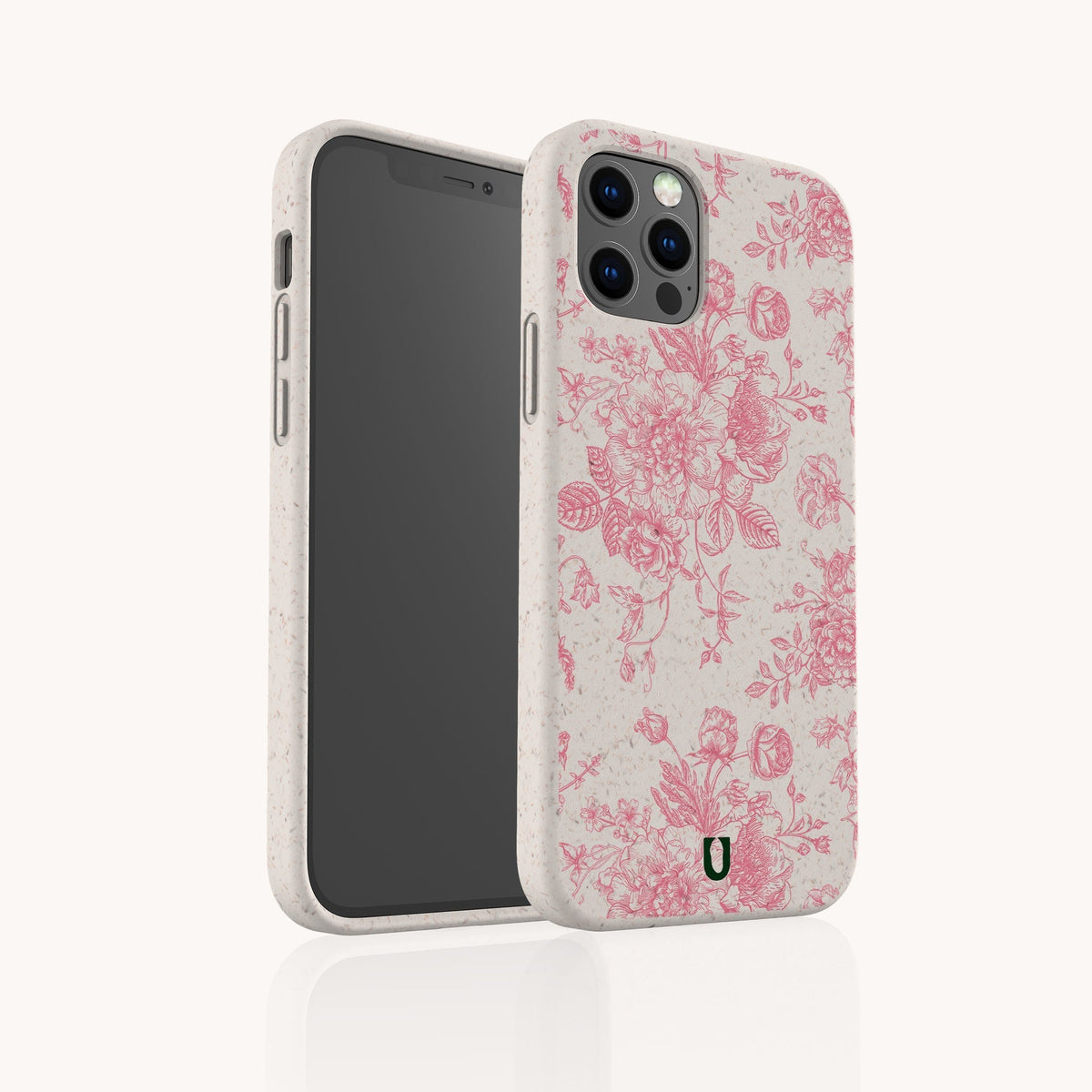 A smartphone with the Pink Roses Eco-Friendly Phone Case in white, featuring a pink floral pattern, displayed standing upright and slightly turned to showcase both the screen and the back design.