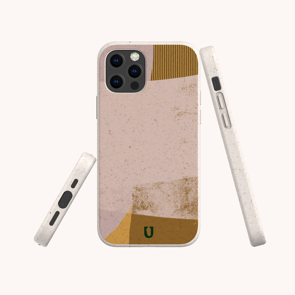 The Caramel Abstract Strokes Eco-Friendly Phone Case is shown in beige with abstract pink, tan, and gold shapes, plus a small green logo at the bottom. Displayed from the back, side, and bottom angles, this case offers sustainable protection and is compatible with both iPhone and Samsung models—seamlessly blending style with environmental responsibility.