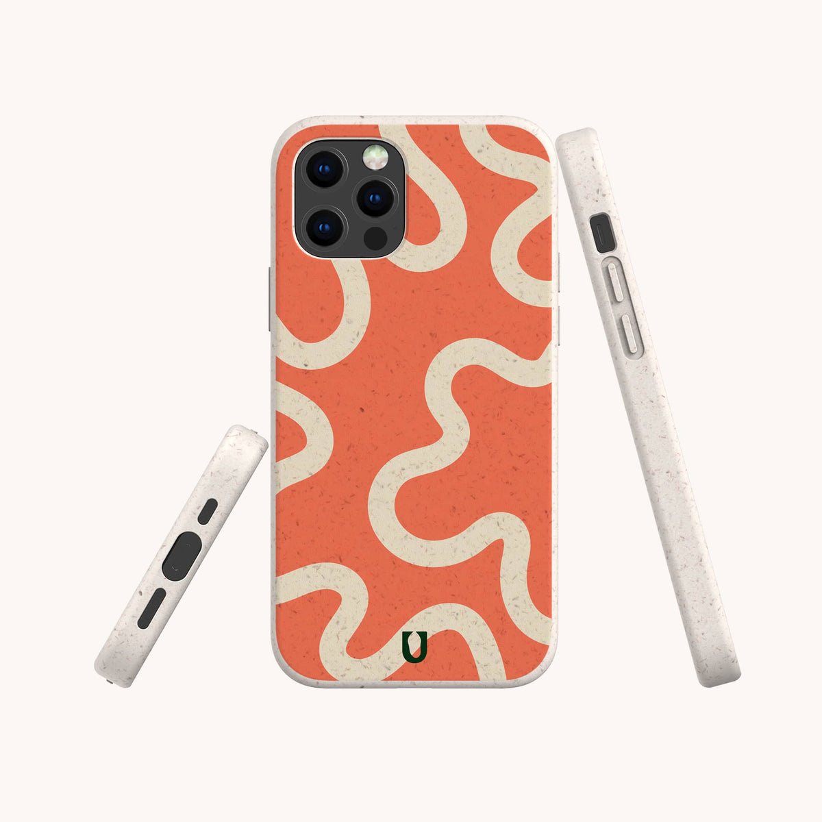 A smartphone in the Orange Swirl Eco-Friendly Biodegradable Phone Case, featuring abstract white and coral wavy lines, is displayed from multiple angles against a plain background.