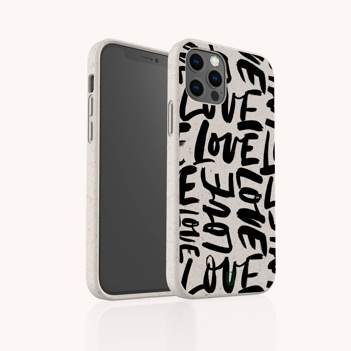 A smartphone in the Love Words Eco-Friendly Biodegradable Phone Case, featuring the word “LOVE” repeatedly written in bold black letters in various orientations on a beige background.