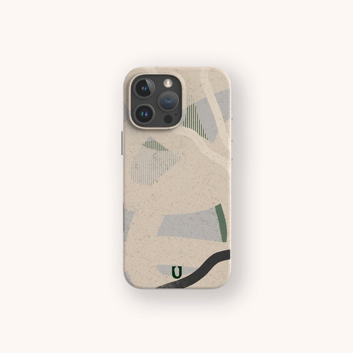 The Green Abstract Lines Eco-Friendly Phone Case, in beige and adorned with green, black, and gray abstract lines and shapes, is displayed on a light background.