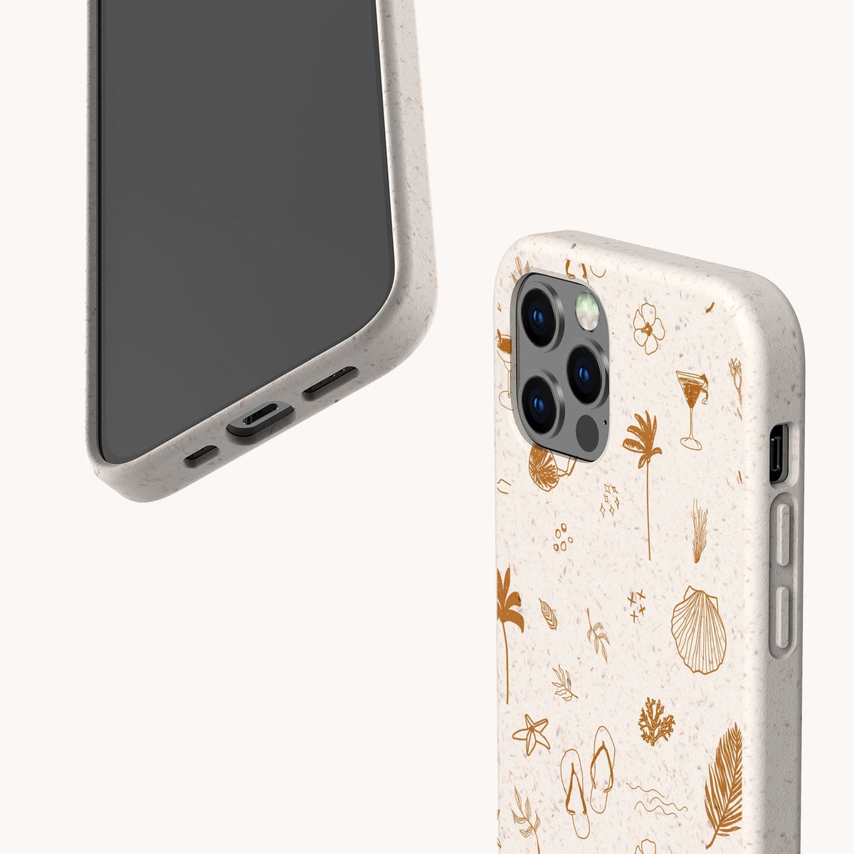 Two beige Summer Jam Eco-Friendly Phone Cases; one displays the screen side, while the other highlights the back adorned with brown beach-themed doodles such as palm trees, shells, sandals, and drinks. Designed with sustainability in mind, these cases combine playful style with an eco-friendly touch.