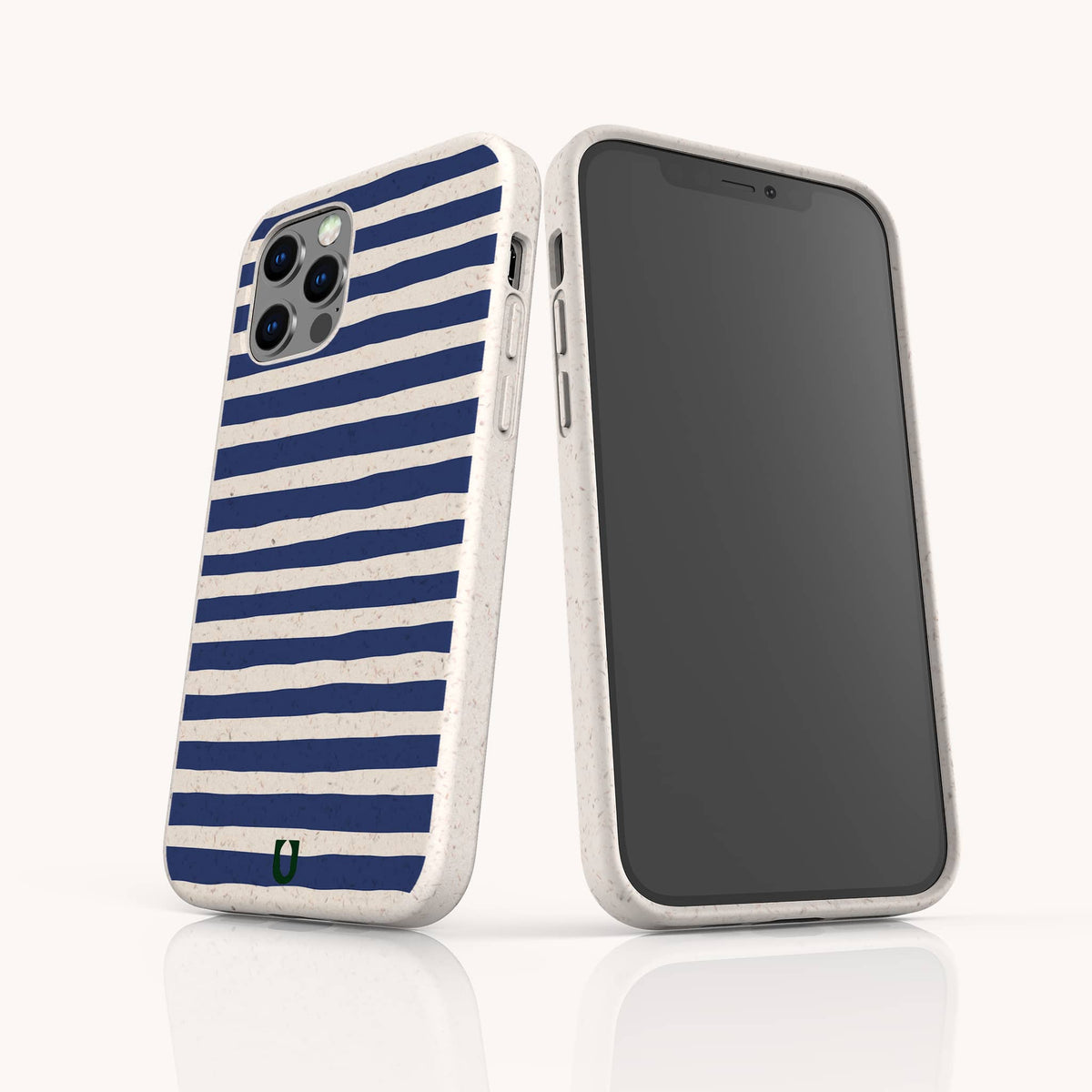 Two smartphones with white cases featuring horizontal navy blue stripes—the Navy Stripes Eco-Friendly Biodegradable Phone Case—are displayed upright on a white reflective surface. One phone showcases the striped back of the case, while the other reveals the front screen, emphasizing the stylish and sustainable design.