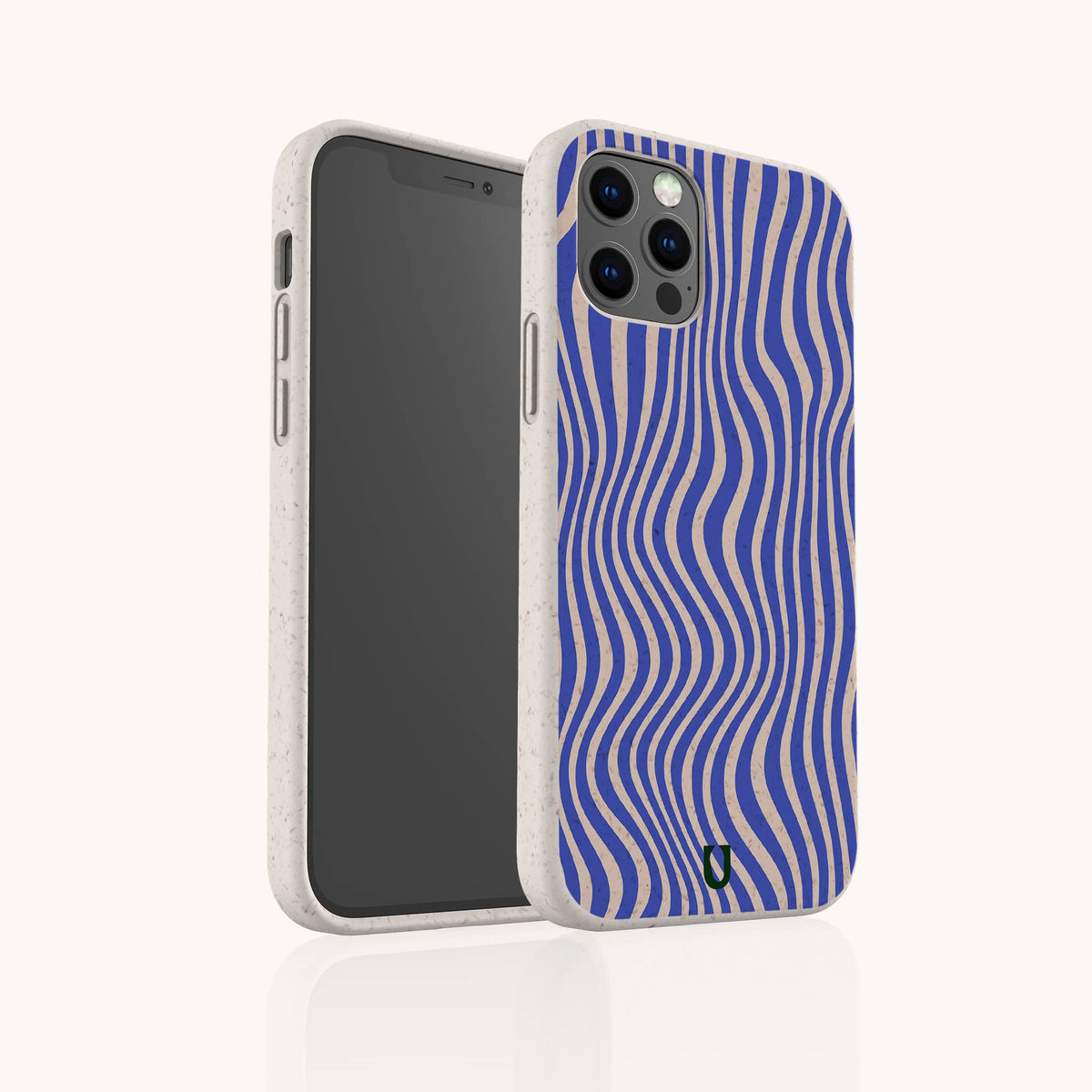 Two Cobalt Distort Lines Eco-Friendly Phone Cases—one revealing the phone screen and the other highlighting a blue and beige wavy striped design—crafted from speckled, sustainable materials. These eco-friendly cases are designed to fit both iPhone and Samsung Galaxy models.