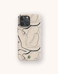 The Abstract Swirling Lines Eco-Friendly Phone Case in beige features black swirls and a small green "U" logo near the bottom. Compatible with iPhone and Samsung Galaxy, it's shown on a light background.