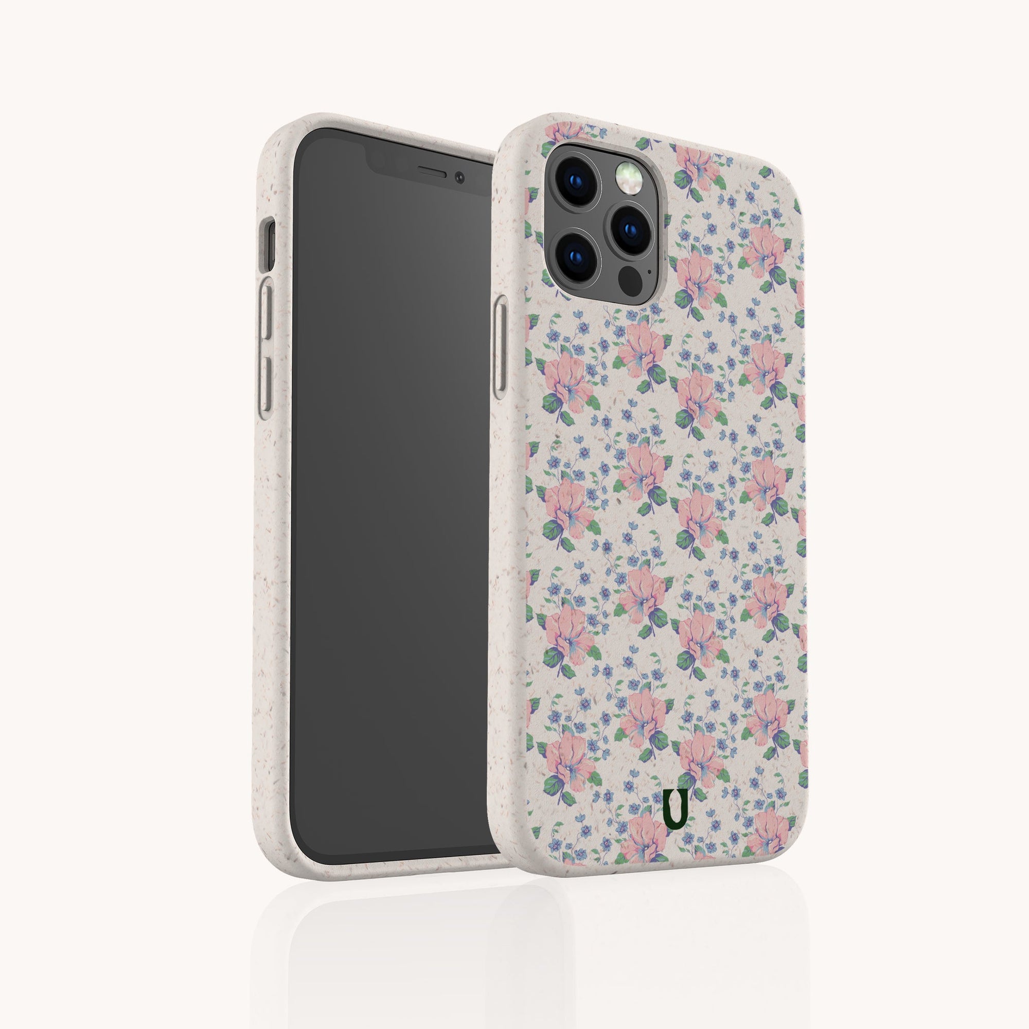 The Pink Coquette Flowers Eco-Friendly Biodegradable Phone Case, featuring small pink flowers and green leaves, is shown from front and back against a white background to highlight its sustainable protection.