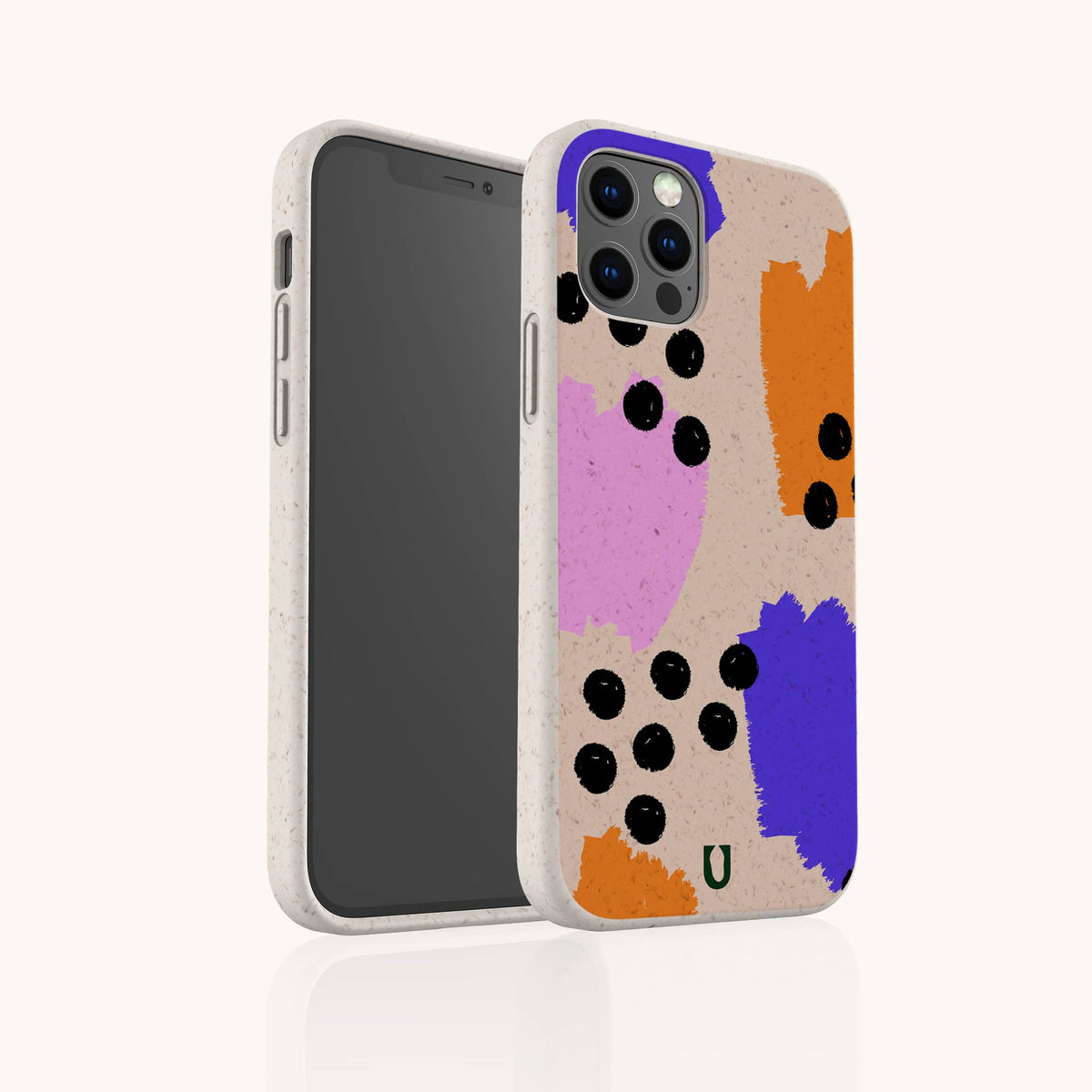 The Memphis Eco-Friendly Biodegradable Phone Case features an abstract design with orange, purple, and pink paint-like shapes accented by black dots on a beige background. Inspired by classic Memphis style, this case offers comprehensive coverage for your large-screen black phone while highlighting both its unique pattern and eco-conscious materials.