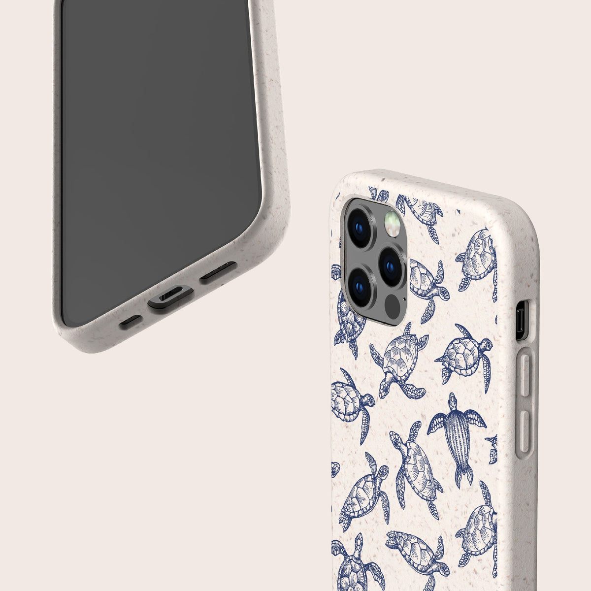 Two phone cases are shown; one displays the screen, while the other is the Turtles Eco-Friendly Phone Case, featuring a charming pattern of blue sea turtles on a white background. Both cases are crafted from sustainable materials and have cutouts for buttons and ports.
