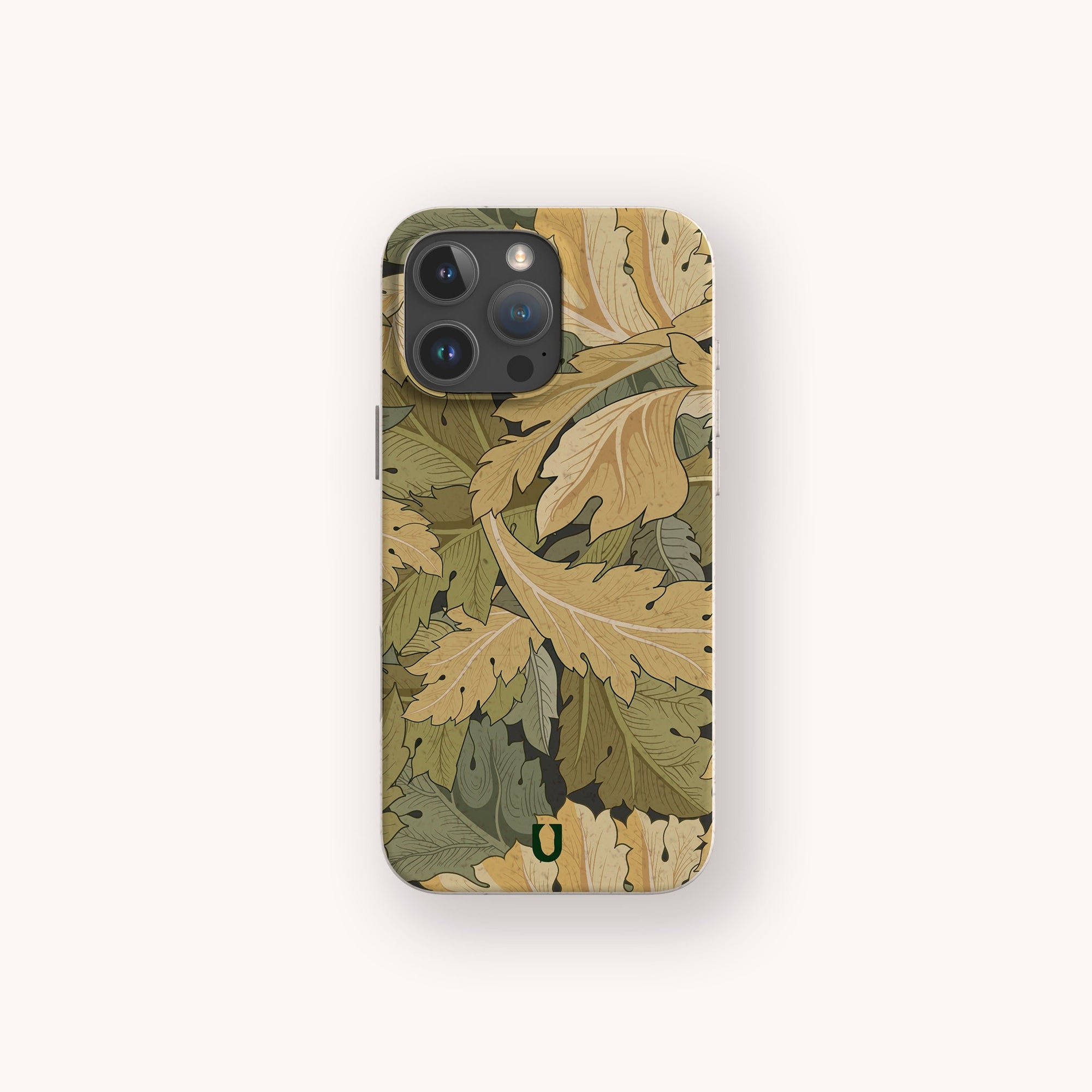 The Flower Garden Eco-Friendly Phone Case features an illustrated green and beige oak leaf pattern on a light background and is compatible with iPhone and Samsung Galaxy models.