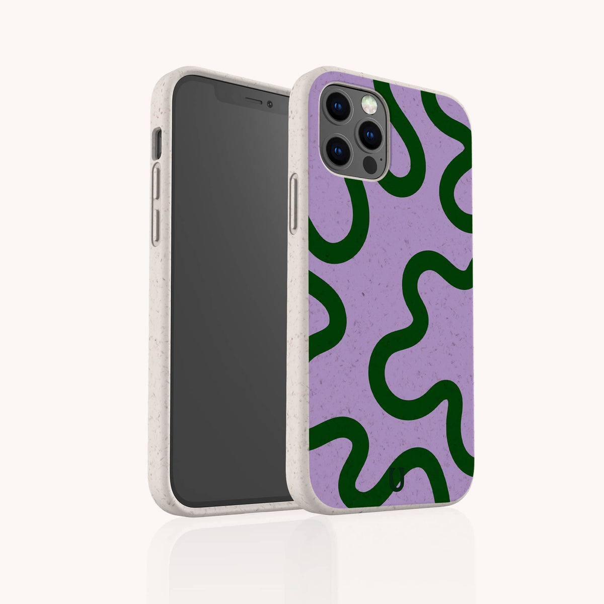 A smartphone fitted with the Purple and Green Swirl Eco-Friendly Biodegradable Phone Case, which features a wavy green pattern on a lavender background, is displayed from both the front and angled rear view.