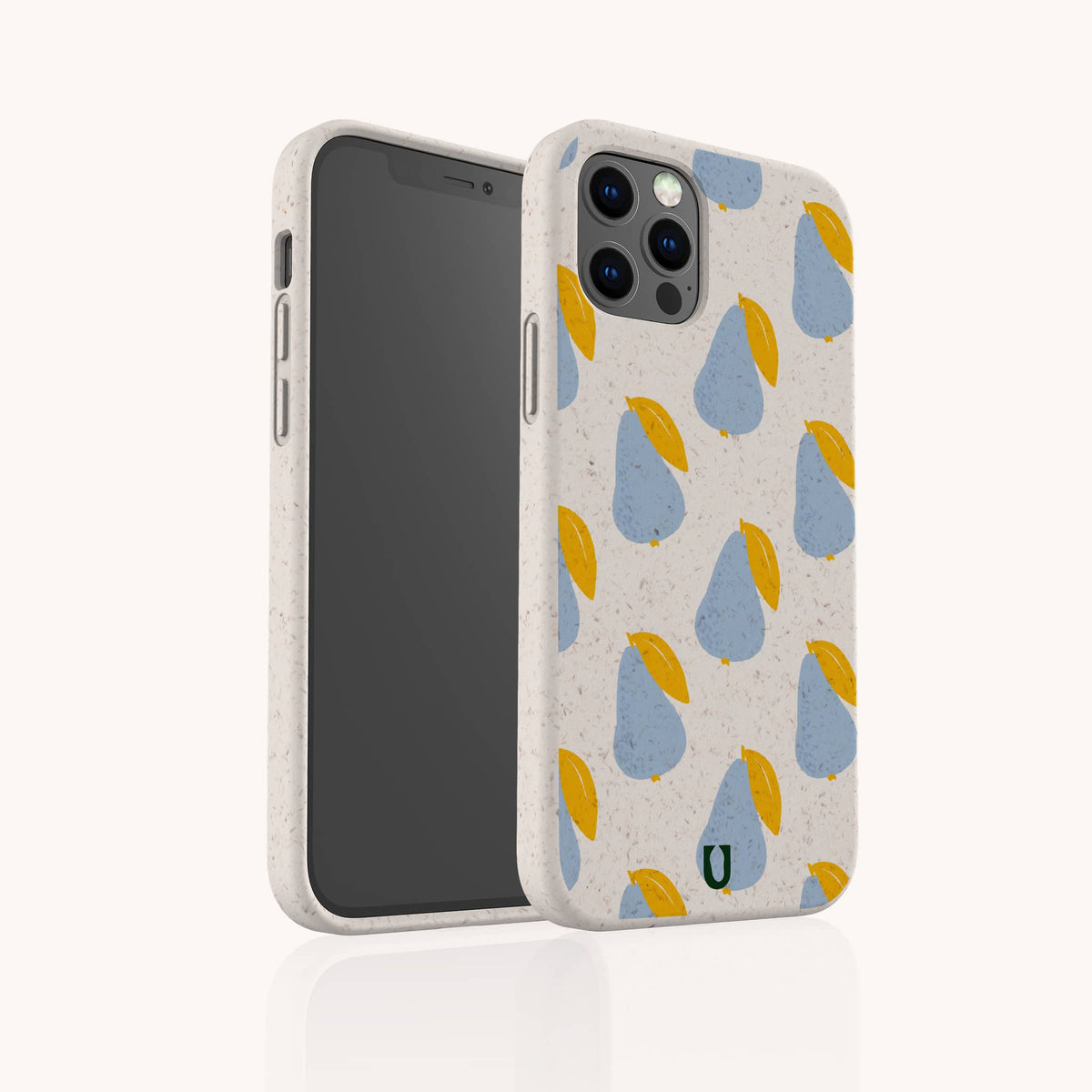Two smartphones in Pears Biodegradable Eco-Friendly Phone Cases, featuring a blue and yellow pear pattern on a speckled beige background. One phone showcases the backside of the case, while the other displays its screen.
