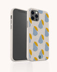 Two smartphones in Pears Biodegradable Eco-Friendly Phone Cases, featuring a blue and yellow pear pattern on a speckled beige background. One phone showcases the backside of the case, while the other displays its screen.