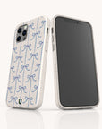 Two smartphones in Blue Bow Ribbons Eco-Friendly Biodegradable Phone Cases, featuring a repeating blue bow pattern. One phone displays the patterned back, while the other shows the black screen and side buttons. Both cases stand upright on a clean white background.