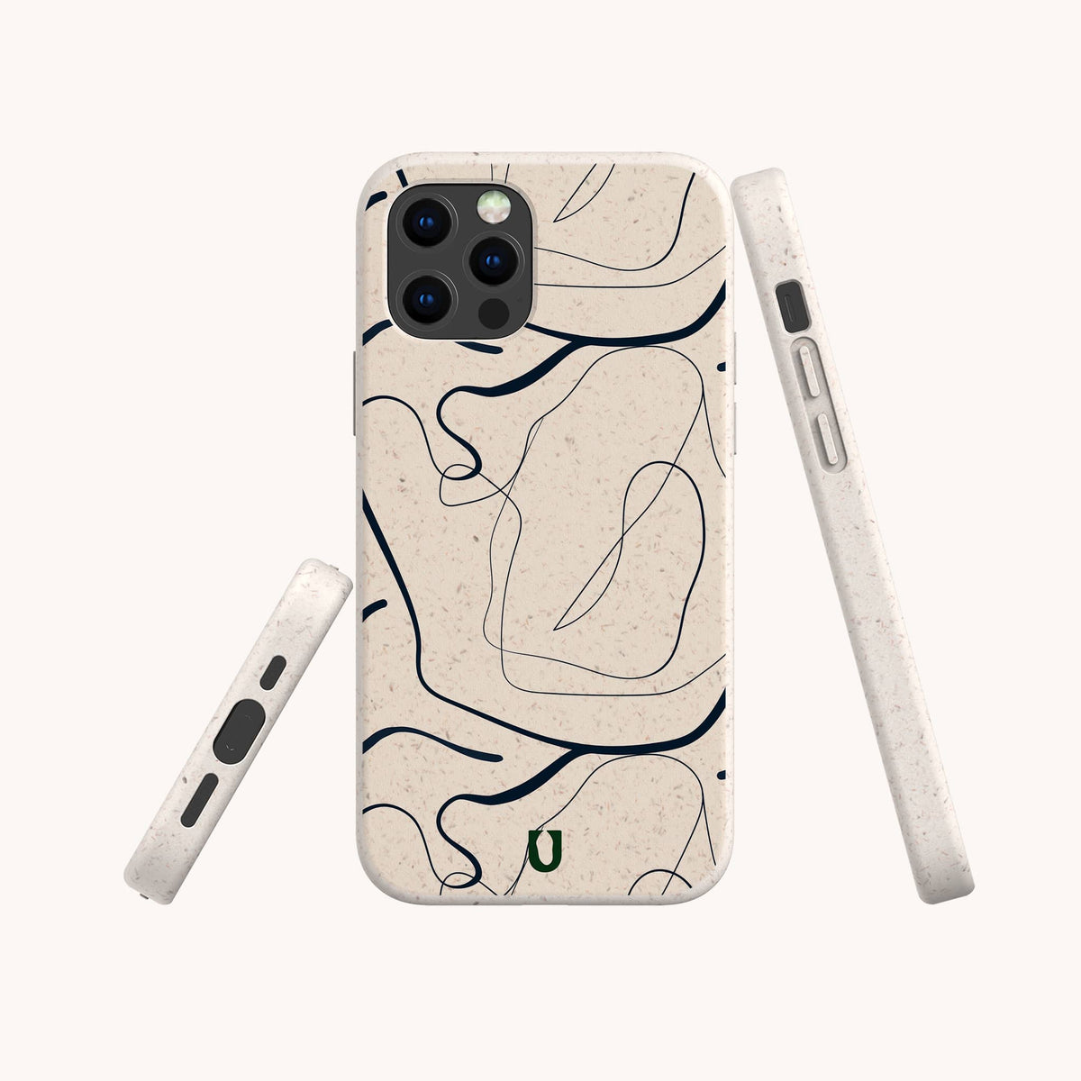 Here are four views of the Abstract Swirling Lines Eco-Friendly Phone Case, shown in beige with bold abstract black swirling lines and a small green logo at the bottom. The case is displayed from the back, both sides, and a front angle on a plain background, and is compatible with both iPhone and Samsung Galaxy models.