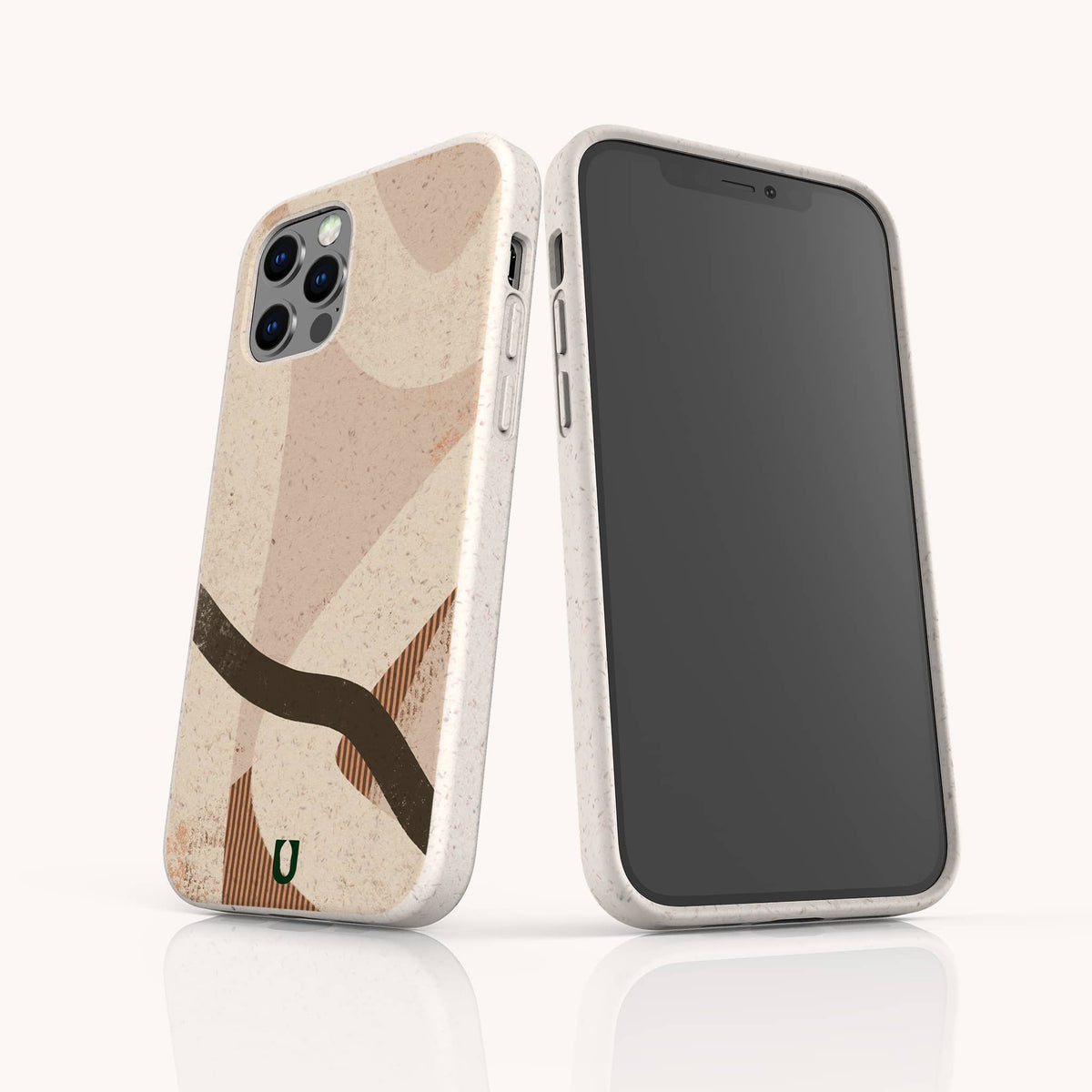Two smartphones in speckled Beige Abstract Eco-Friendly Phone Cases—one with the back visible, featuring curved lines and abstract shapes, the other displaying the front screen. Each minimalist case provides a clean, eco-friendly look—perfect for anyone seeking stylish yet sustainable protection.