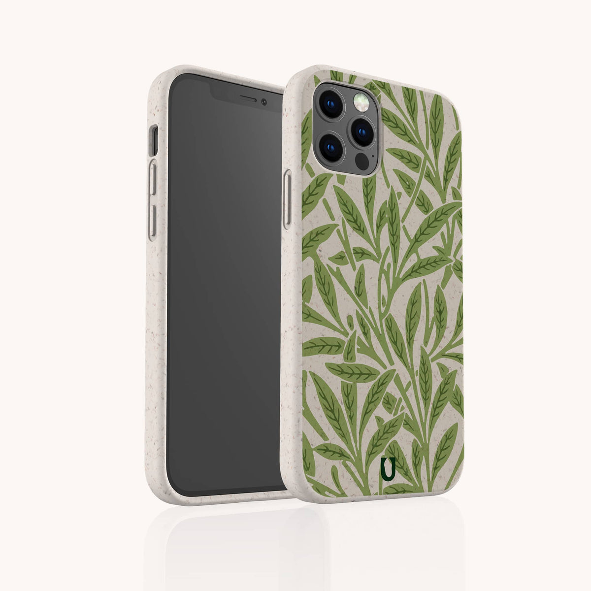 Smartphone in a beige Willow Eco-Friendly Phone Case featuring green leafy plant patterns on the back, displayed from both the front and back against a plain light background. This stylish case for iPhone and Samsung Galaxy combines sustainability with a fresh botanical design.