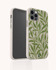 Smartphone in a beige Willow Eco-Friendly Phone Case featuring green leafy plant patterns on the back, displayed from both the front and back against a plain light background. This stylish case for iPhone and Samsung Galaxy combines sustainability with a fresh botanical design.