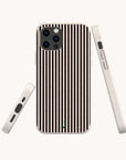 The Thin Black Stripes Eco-Friendly Phone Case, a minimalist plant-based design featuring black and white vertical stripes, is displayed from the back, side, and bottom angles against a white background.