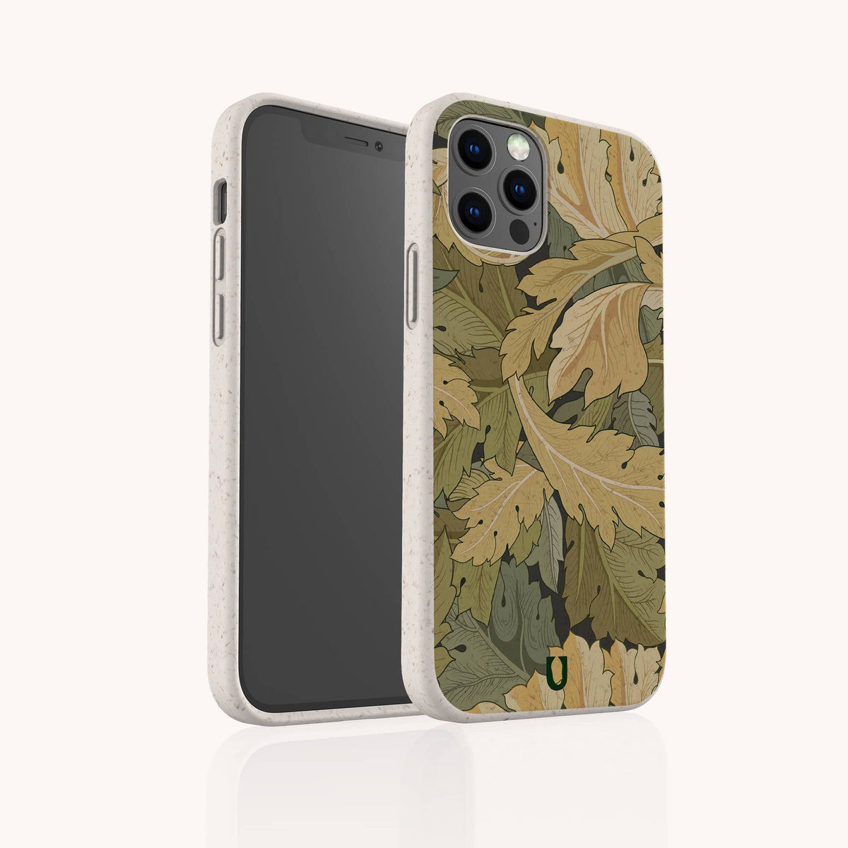 A smartphone with a camera and black screen is displayed in the Flower Garden Eco-Friendly Phone Case, which features a pattern of overlapping green and brown leaves and includes a small green emblem at the bottom.