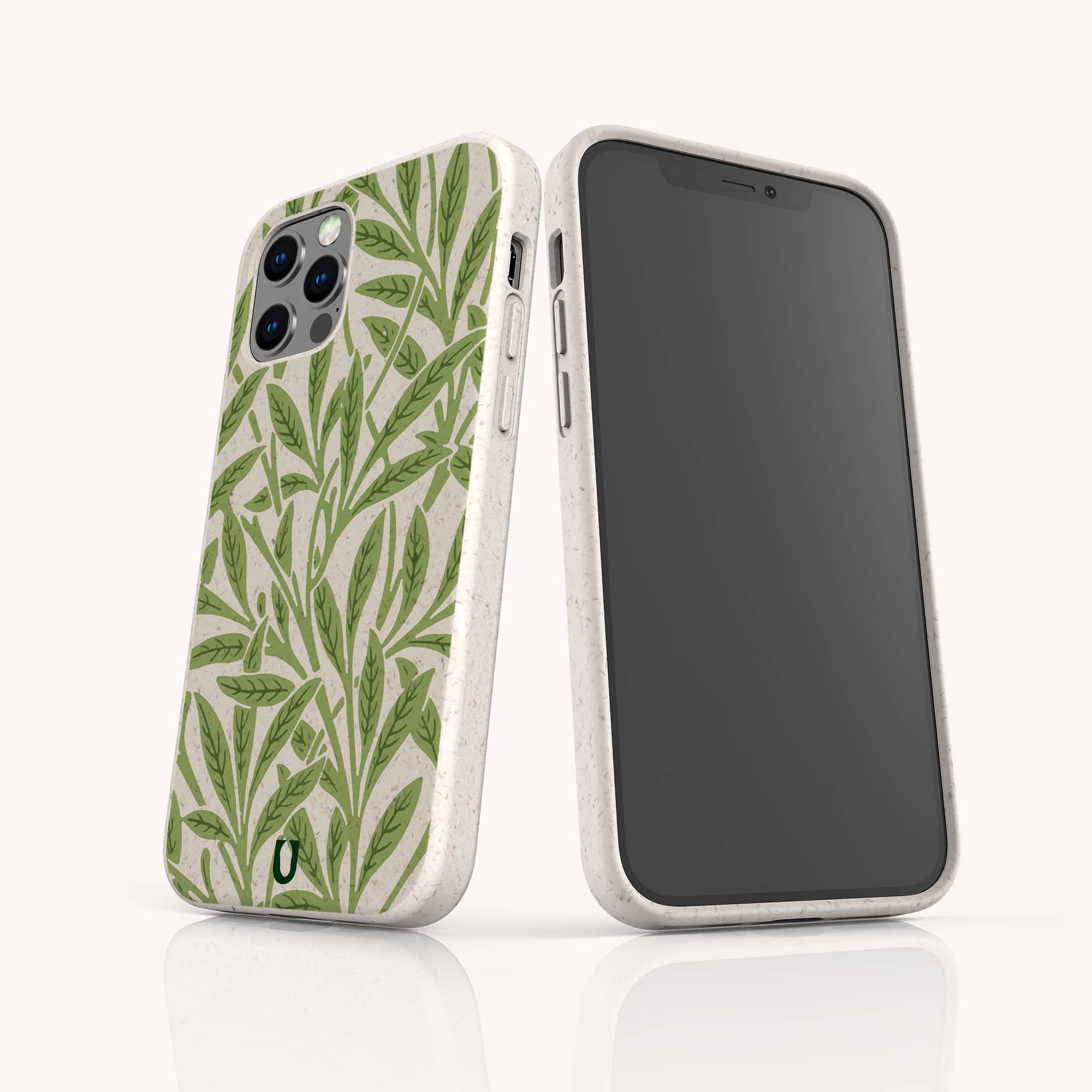 Two smartphones in white Willow Eco-Friendly Phone Cases with green leaf designs—one shows the patterned back and camera lenses, the other a blank screen. This sleek, rounded case fits iPhone and Samsung Galaxy models.