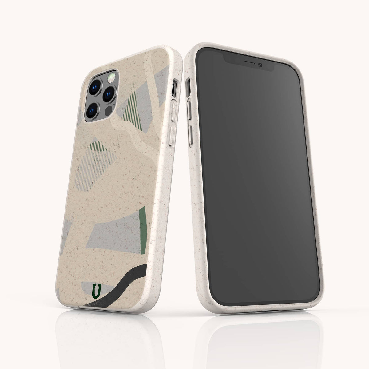 Two smartphones in Green Abstract Lines Eco-Friendly Phone Cases in beige speckle, one displaying the front screen and the other showcasing the back with a green, white, and black abstract design. Both phones are positioned on a white reflective surface.