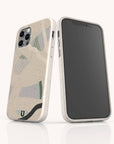 Two smartphones in Green Abstract Lines Eco-Friendly Phone Cases in beige speckle, one displaying the front screen and the other showcasing the back with a green, white, and black abstract design. Both phones are positioned on a white reflective surface.