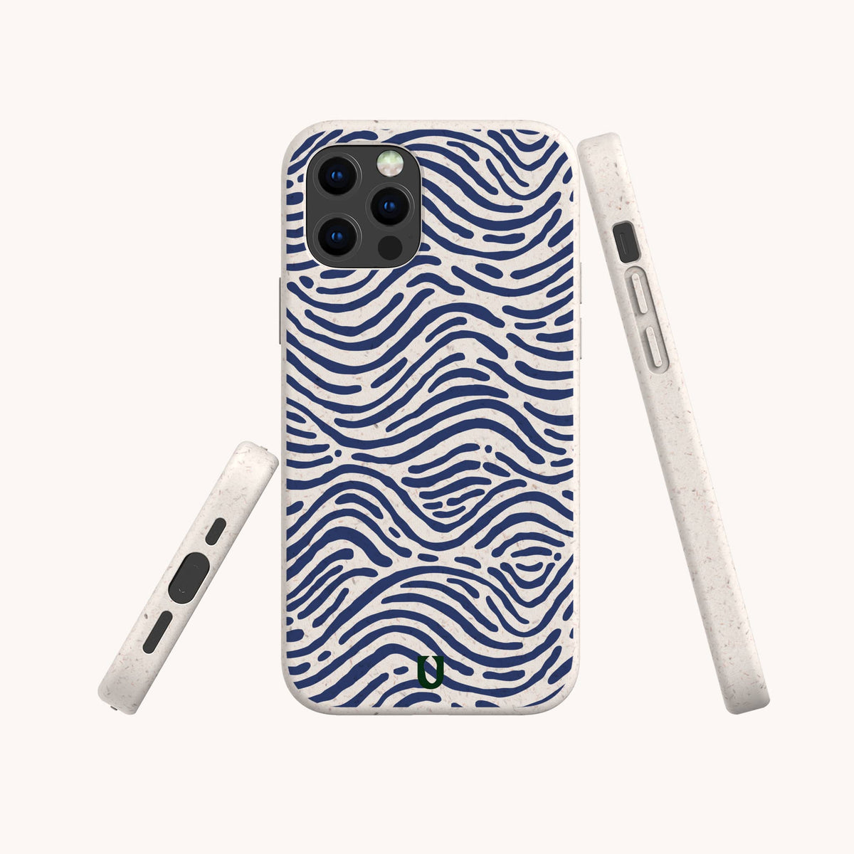 The Ocean Waves Eco-Friendly Phone Case, featuring a blue wavy stripe pattern on a white background, is displayed from three angles—back, side, and bottom. This biodegradable phone case offers precise cutouts for the camera, buttons, and charging port.
