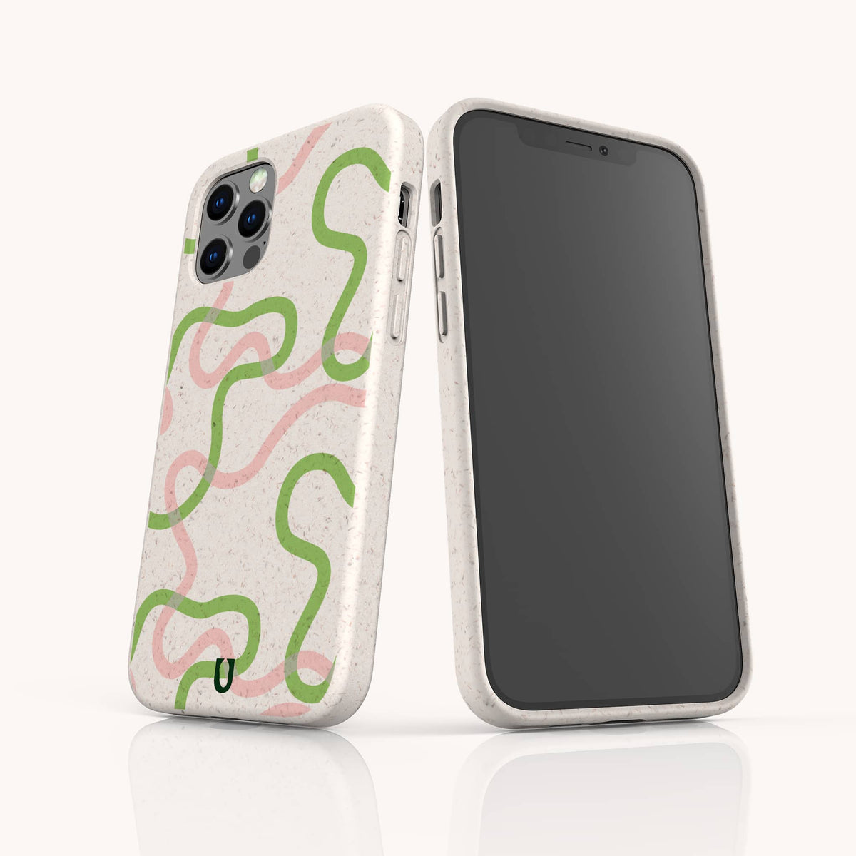 Two smartphones in off-white, eco-friendly phone cases showcase the Green and Pink Swirl Lines Eco-Friendly Phone Case, featuring a vibrant pink and green abstract squiggly design. One case displays the back and camera, while the other reveals a blank screen. Both are upright on a white surface—carefully crafted to stylishly fit your iPhone or Samsung Galaxy while prioritizing sustainability.