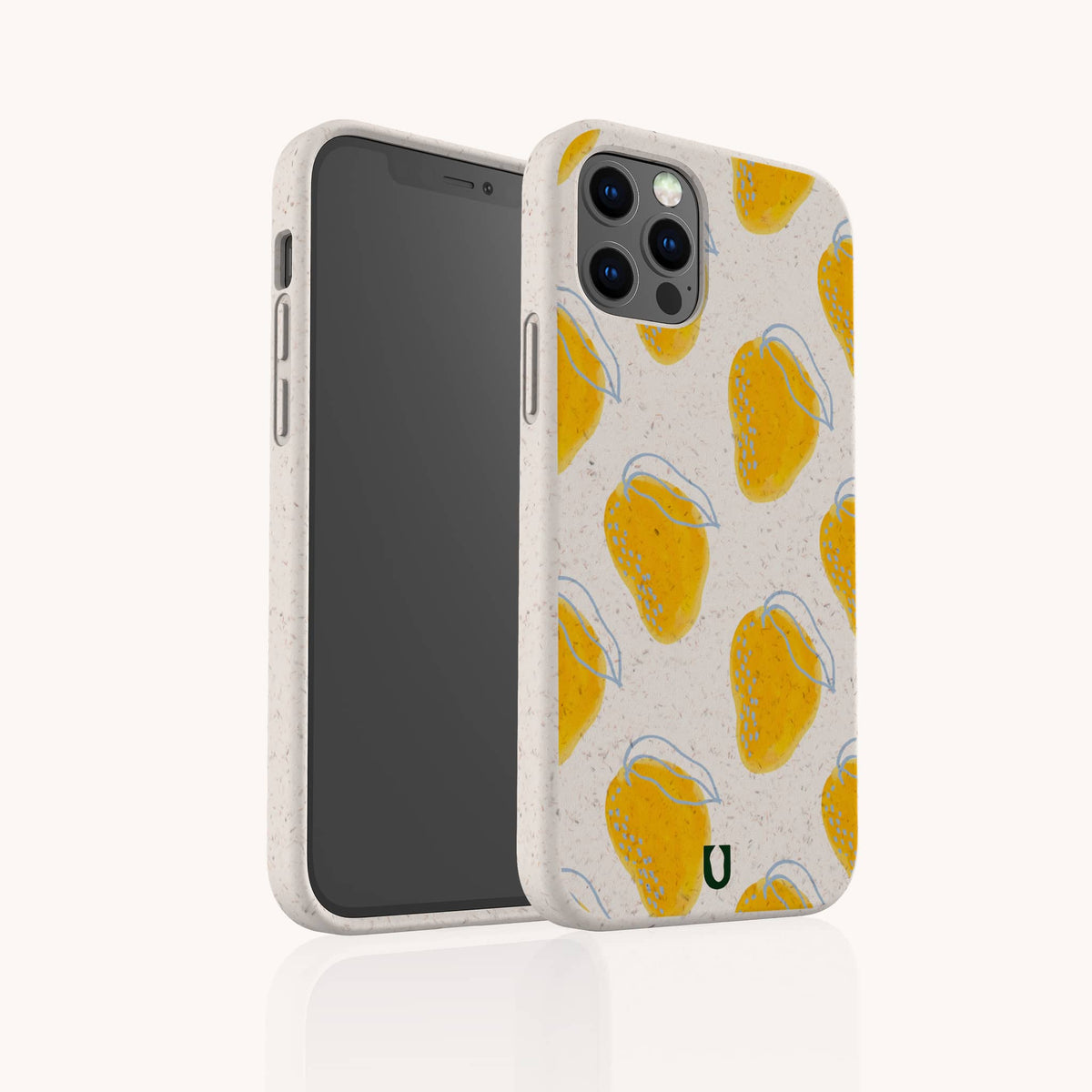 Introducing the Mangoes Eco-Friendly Biodegradable Phone Case—a sustainable accessory adorned with a vibrant yellow mango pattern and a subtle green U logo at the bottom. The light, neutral background enhances its playful design while ensuring it fits your phone perfectly and showcases your commitment to eco-friendly choices.