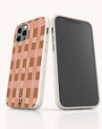 Two smartphones in white cases are shown—one displaying the phone’s screen and the other turned to reveal the Pink and Brown Watercolour Checker Eco-Friendly Phone Case, featuring a pink and tan checkerboard design.