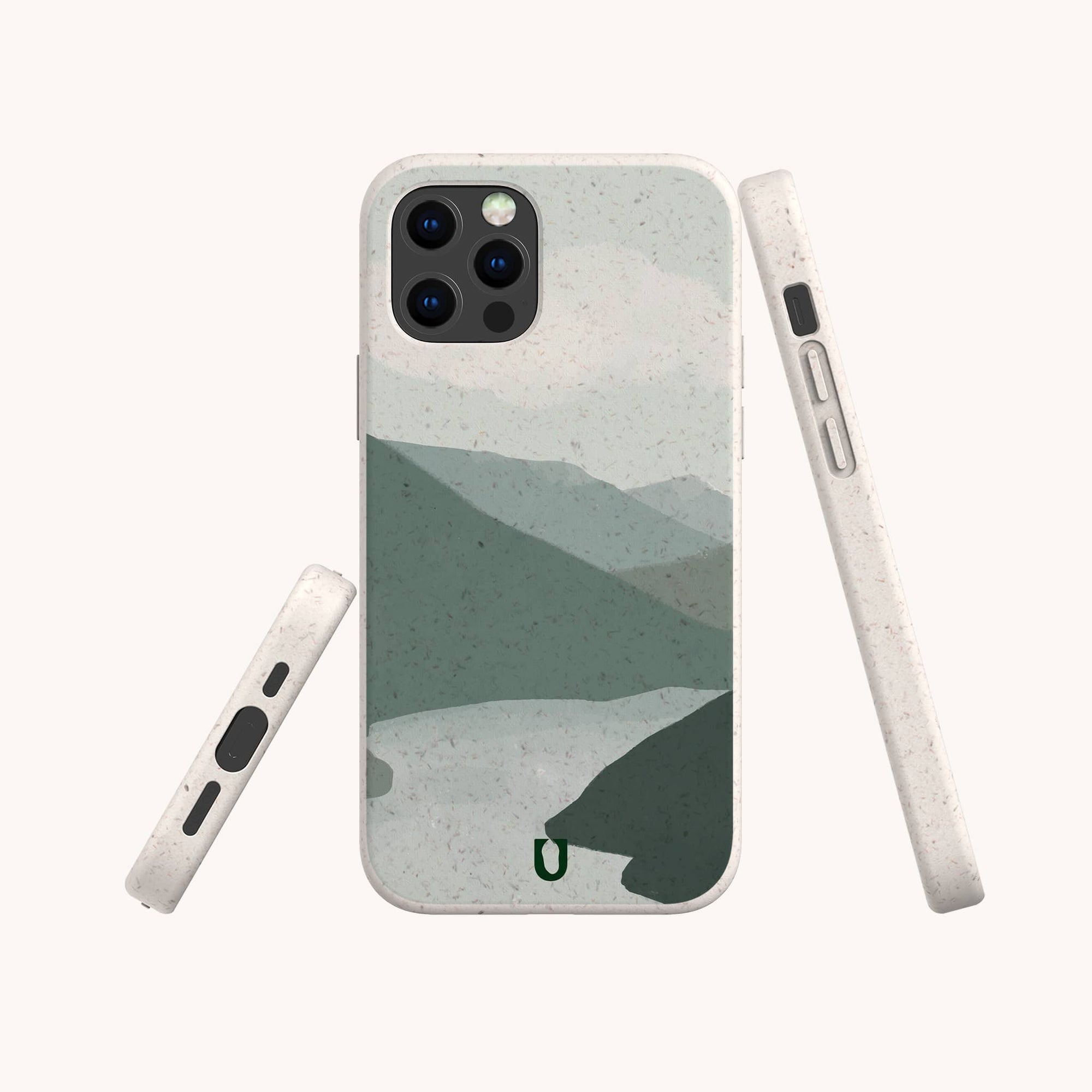 Three angles of the Blue Watercolour Landscape Eco-Friendly Phone Case show its speckled, light-grey biodegradable design with a minimalist blue and grey watercolour landscape. Phone buttons and ports are visible.