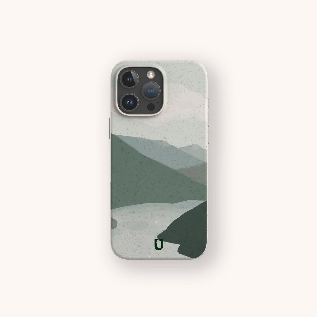 Blue Watercolour Landscape Eco-Friendly Phone Case, featuring a minimalist design of green mountains and a river under a cloudy sky, shown on a light background with an iPhone.